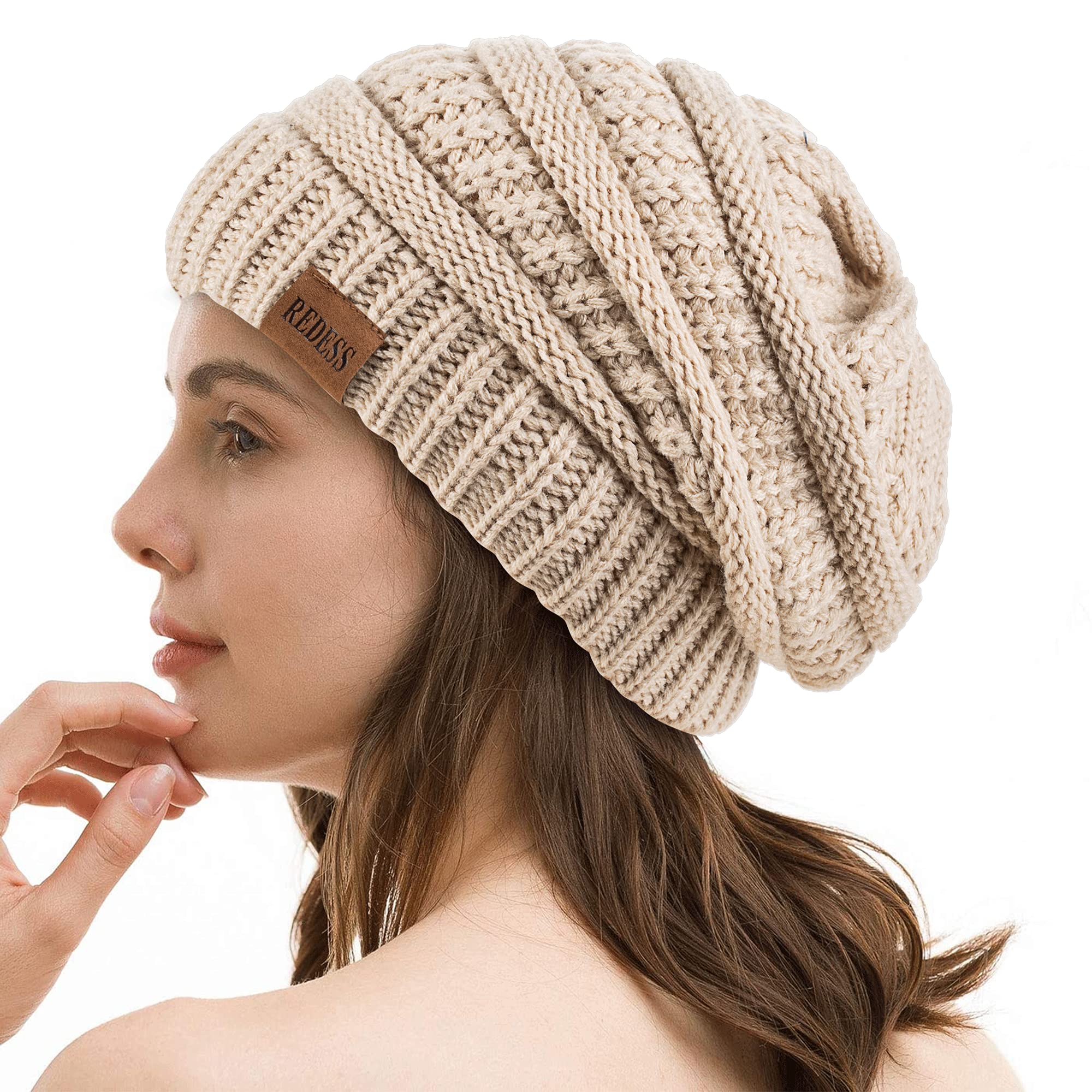 REDESSREDESS Slouchy Beanie Hat for Women Winter Warm Chunky Soft Oversized Cable Knit Cap