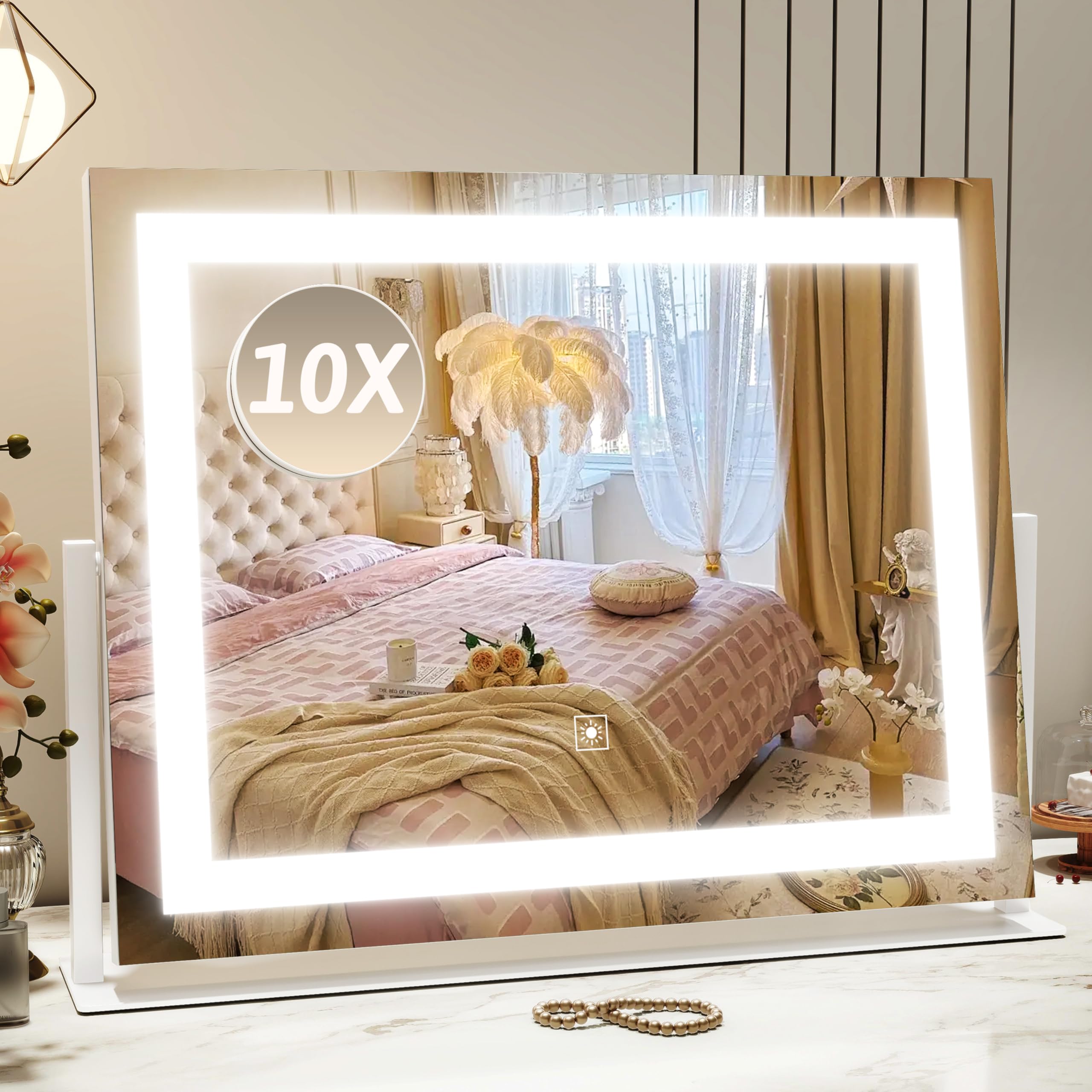 ROLOVE Vanity Mirror with Lights 22"x18", Lighted Makeup Mirror with 10X Magnification, Smart Touch 3 Colors Dimmable, 360° Rotation, Women Gift, Dresser Mount, Bathroom (White)