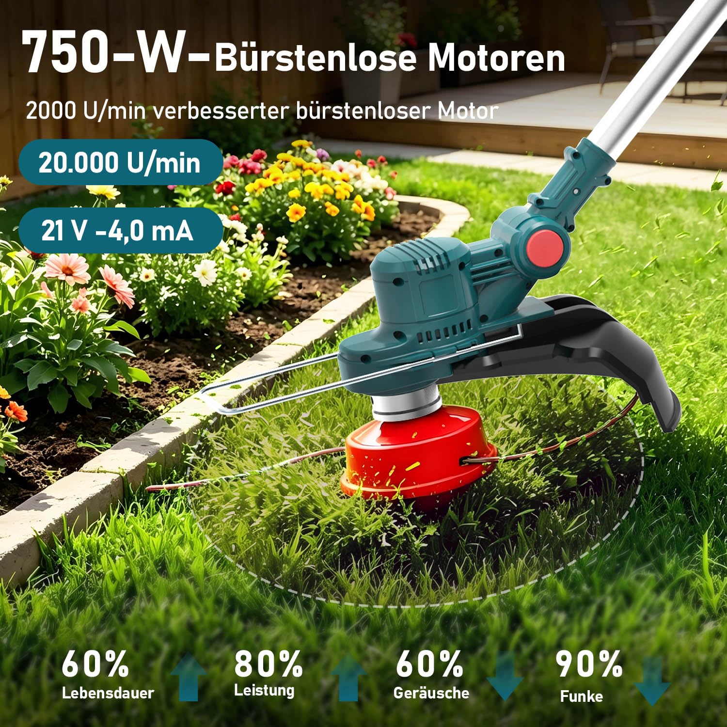 Desbrozadora con batería y cepillo para malas hierbas, 21 V-4,0 Ah, batería cortacésped, 4 en 1, desbrozadora eléctrica, 20000 R/min, mango telescópico de 1 – 45 cm, cabezal giratorio 90° para podar