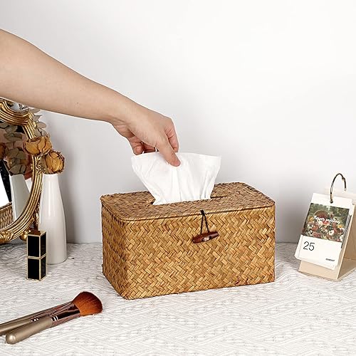 Miniatura 7 de Sumnacon Caja de pañuelos rectangular grande para caja de pañuelos de hierba marina, soporte para pañuelos de tejido decorativo, cubierta de
