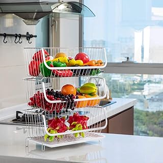 TOLEAD Porte Fruits Porte Epices Corbeille à Fruits３étages Panier à Fruits en Acier Inoxydable Multifonction Pour Tasses Vaisselle, Epices etc－Blanc
