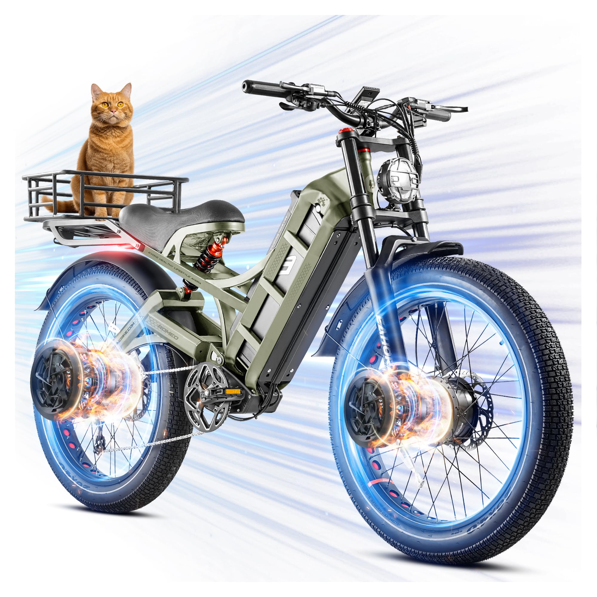 Romeo Pro Ⅱ/Romeo Ⅱ (2025 Model) 4000W/2500W Dual Motor Electric Bike for Adults 52V 70AH/60AH 100-200 Miles Long Range Electric Bike 26" Fat Tire Electric Mountain Bike Full Suspension Ebike