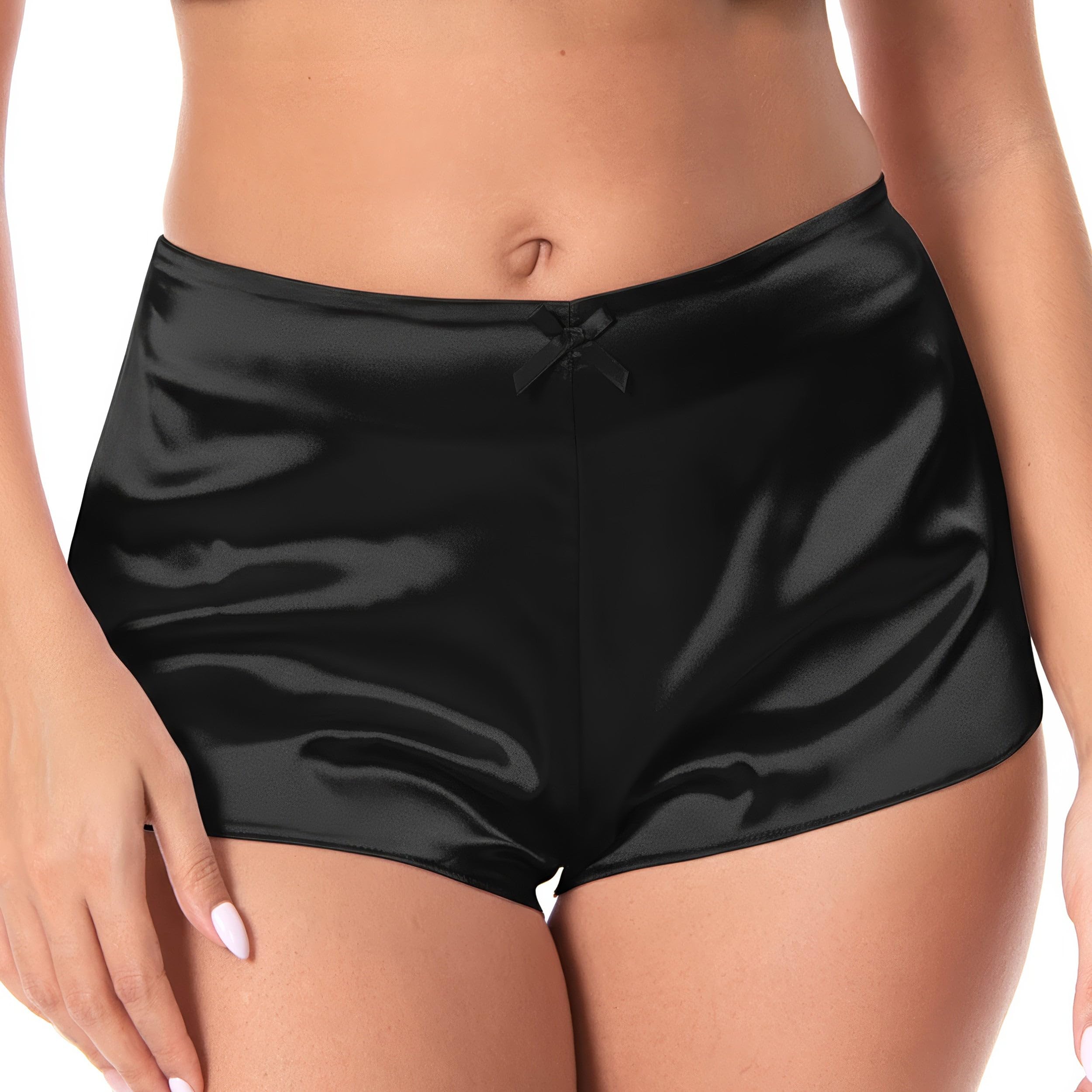 Satini Silky Satin French Knickers with Smooth Waist & Bow - Elegant Women’s Lingerie & Sleepwear Shorts (Black, L)