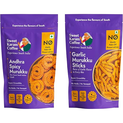 Sweet Karam Coffee Andhra Spicy & Garlic Murukku Combo | No Palm Oil | No Preservatives | South Indian Chakli | Crispy & Crunchy Tea-Time Snack | Festive Special | Homemade Recipe | 95g x 2 Packs