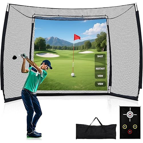 Golf Net with Simulator Impact Screen and Target Cloth, 10x8ft Golf Practice Net for Backyard, Portable Heavy Duty Golf Hitting Net for Outdoor Indoor