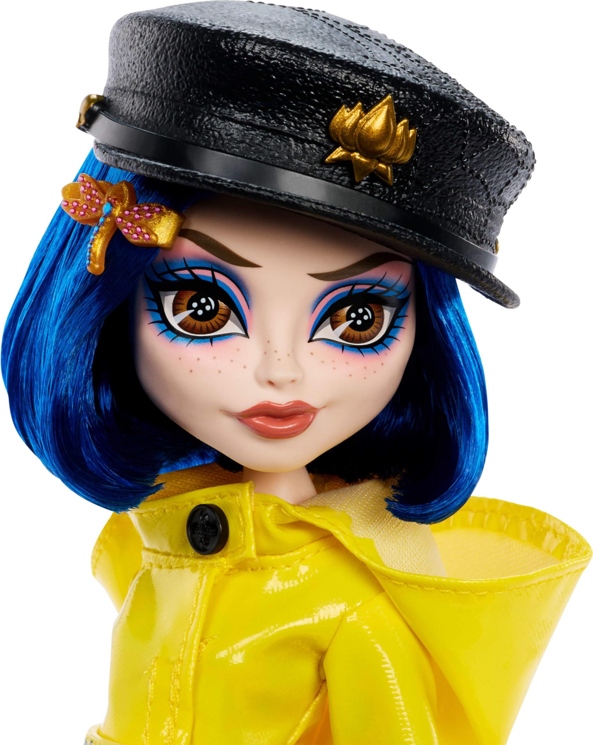Monster High Skullector Doll, Coraline Collectible in Yellow Raincoat with Dress and Accessories Like Rag Doll, Cat Figure, and Doll Stand - 2