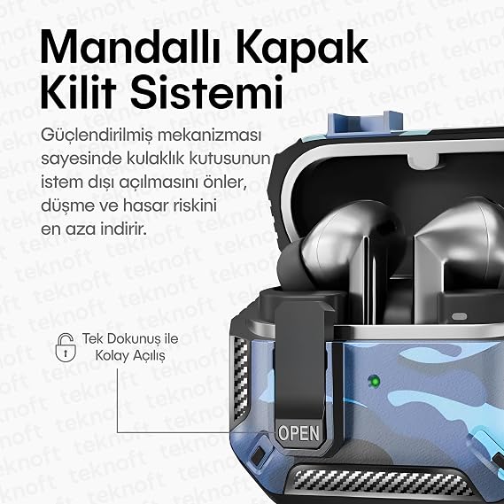 Teknoft Samsung Galaxy Buds 3 Pro, Buds 3 ve Buds 3 FE ile Uyumlu Mandallı Kapak Kilit Sistemli Mat Dokulu Darbelere Dayanıklı Kamuflaj Silikon Kılıf (Mavi)