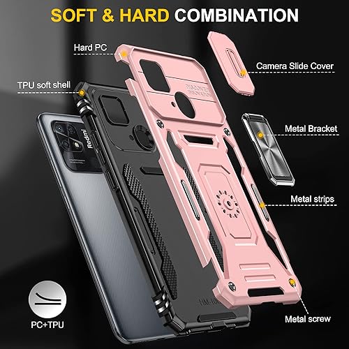 Miniatura 7 de Asuwish Funda de teléfono para Xiaomi Redmi 10C con protector de pantalla de vidrio templado y cubierta de cámara deslizante Soporte de anillo