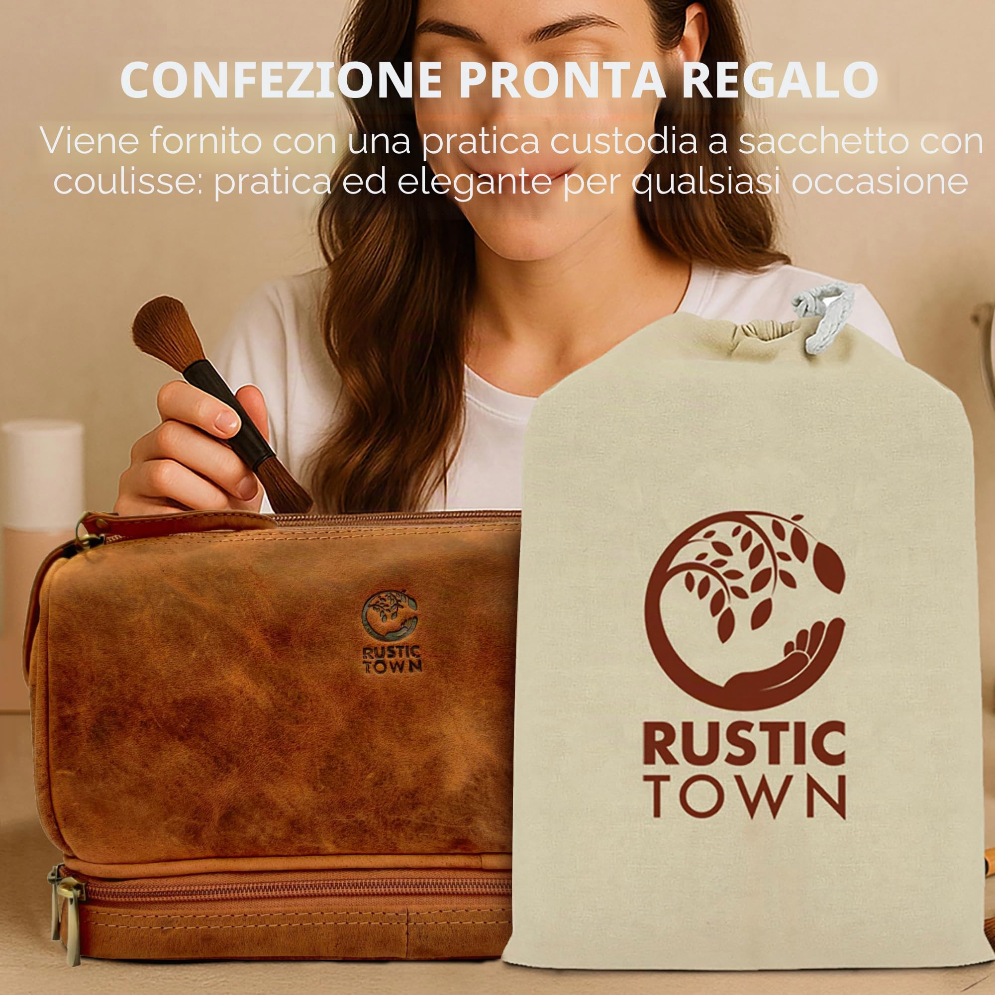 Rustic Town - Borsa da viaggio da uomo, in pelle, per articoli da toeletta