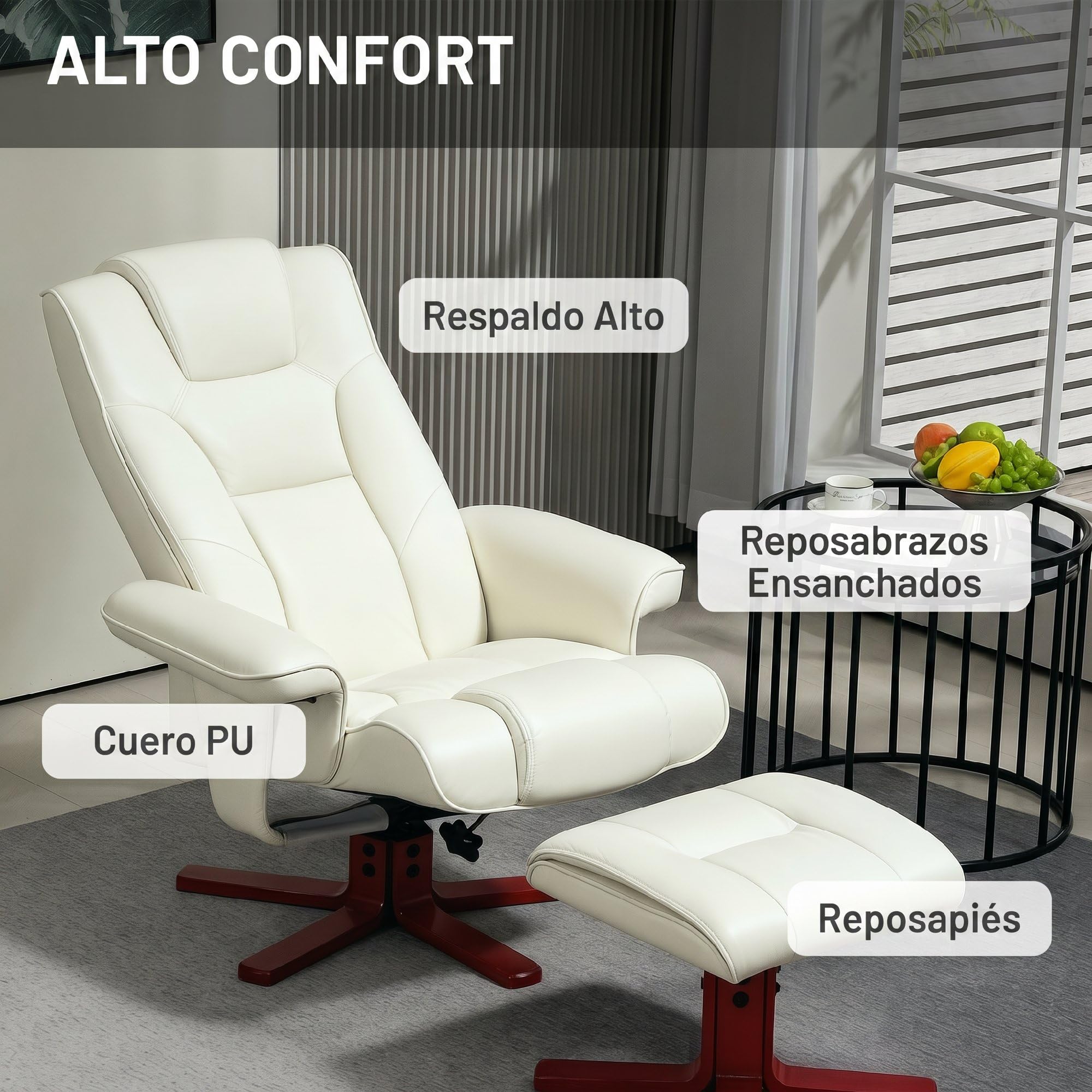 HOMCOM Sillón Reclinable con Reposapiés Sillón de Salón 150 kg Crema | Tapizado en PU, Estructura de Madera, Butaca para Dormitorio Sala de Estar