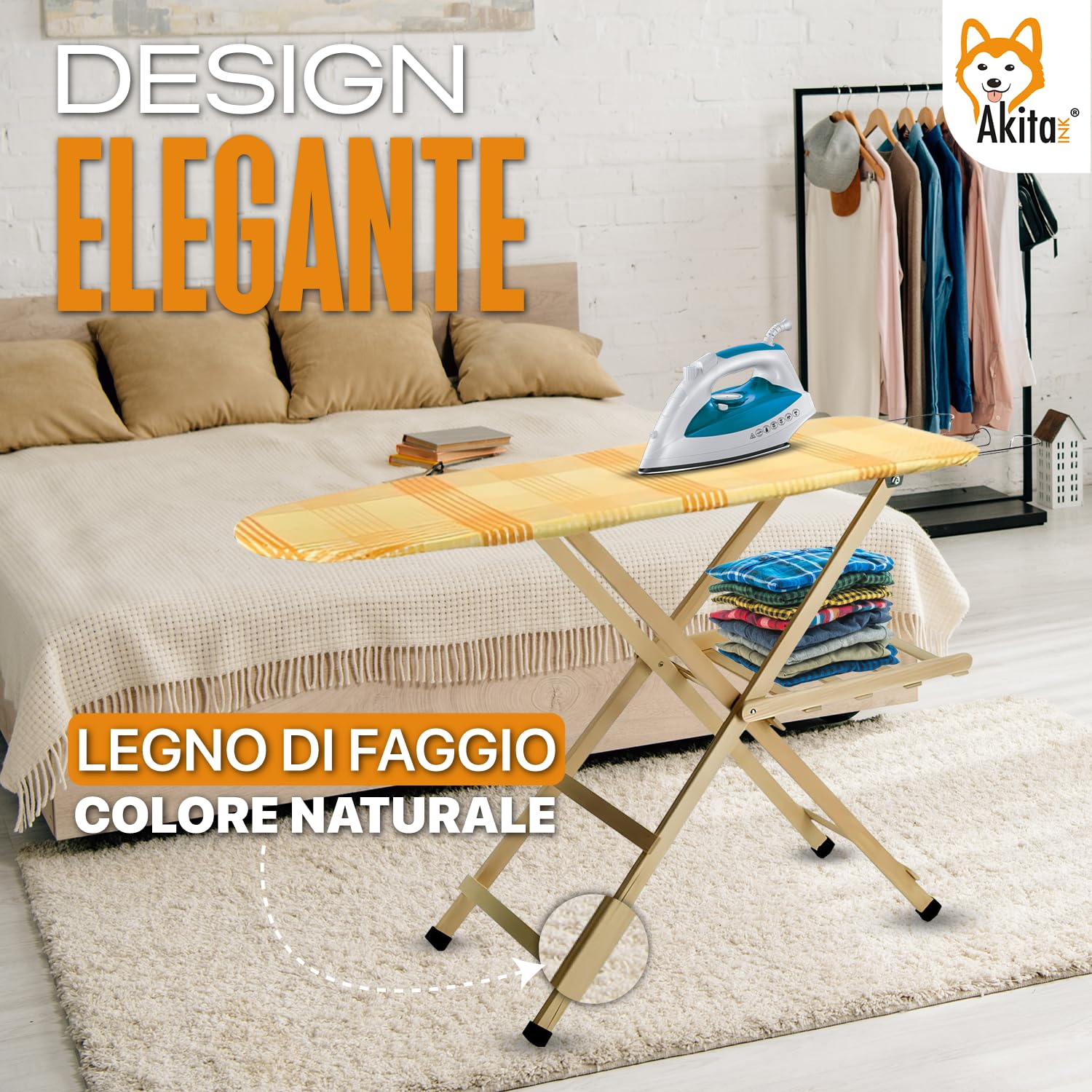Asse da Stiro in Legno di Faggio 100%, Tavola da Stiro Regolabile e Pieghevole, Salvaspazio, Dimensioni 35x141,5x92h, Leggera e Resistente (NATURALE)