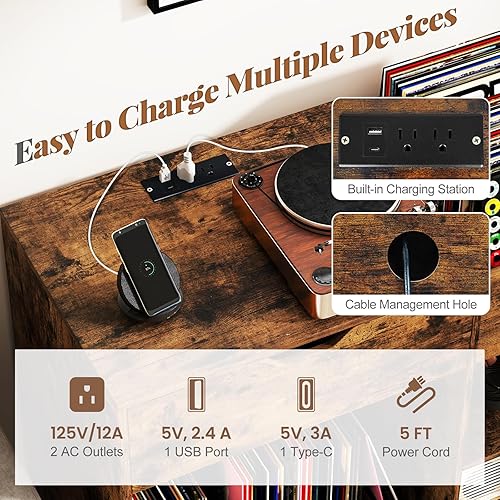 Miniatura 7 de Giantex Soporte grande para tocadiscos con estación de carga, soporte giratorio de mediados de siglo con capacidad para hasta 300 álbumes, mesa de