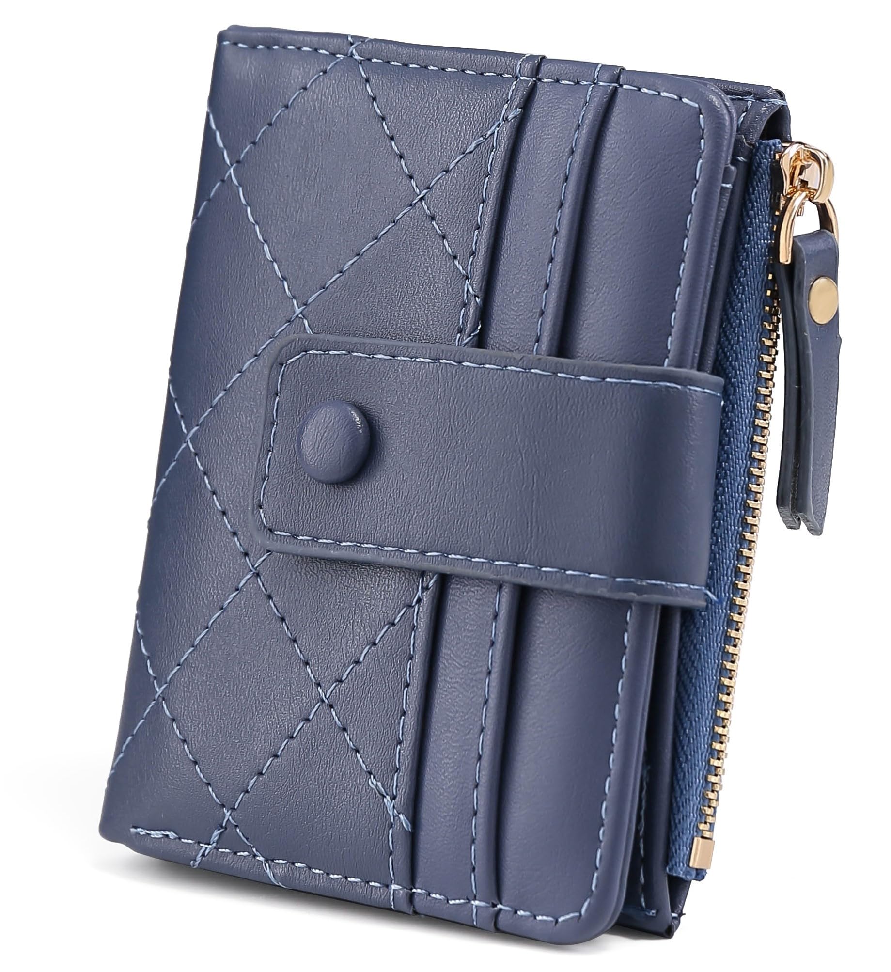 Bifold Women's Wallet Vegan Leather Small Card Holder Coin Holder Compact Ladies Purse with Multiple Card Slots, Zipper Pocket and RFID Blocking | Snap Closure | Mini Purse for Women (Blue)-image-8