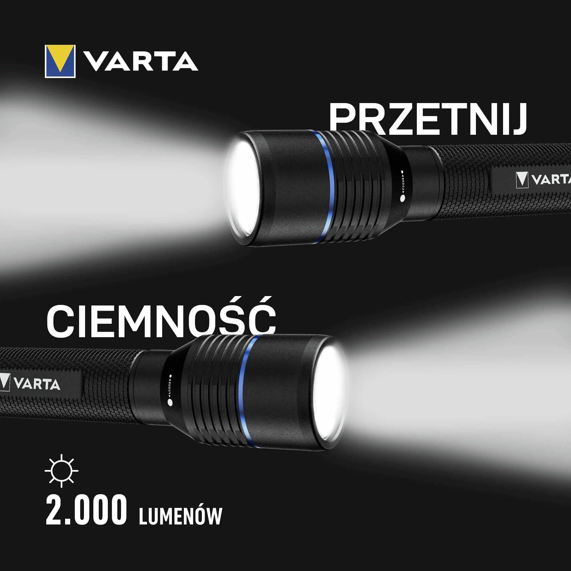 VARTA Latarka LED, Night Cutter Pro F40R, adowalna, z funkcją powerbanku, do użytku na zewnątrz i w domu, 2000 lm, wodoodporna IP67, aluminium lotnicze, precyzyjna regulacja ostrości, w tym smycz
