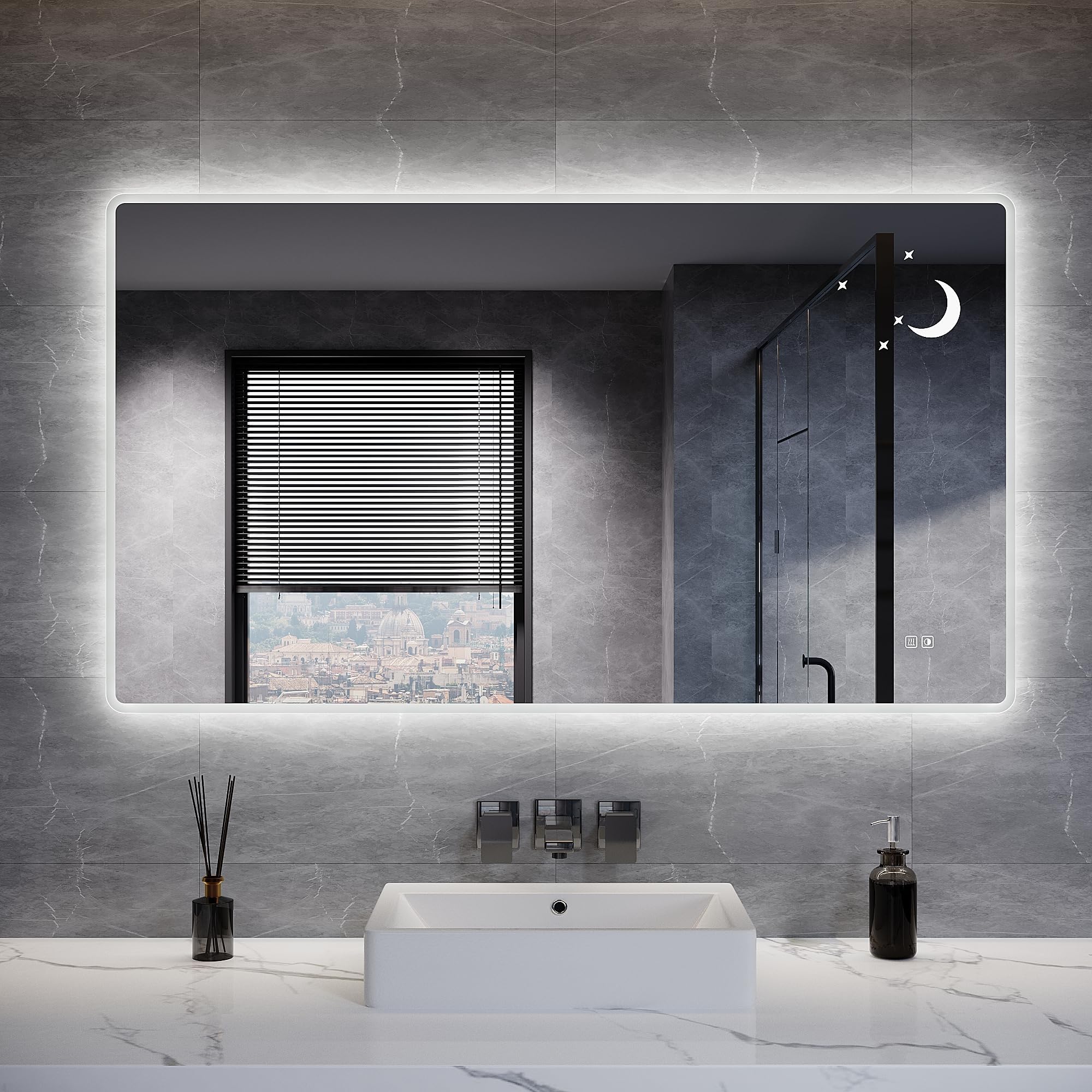 ELEGANT Bathroom Mirror with Shaver Socket 140x80cm, LED Illuminated Bathroom Mirror with Anti-Fog, 3 Colour Lights, Dimmable, Touch Sensor & Memory Function, IP44 Waterproof, Star & Moon Mirror