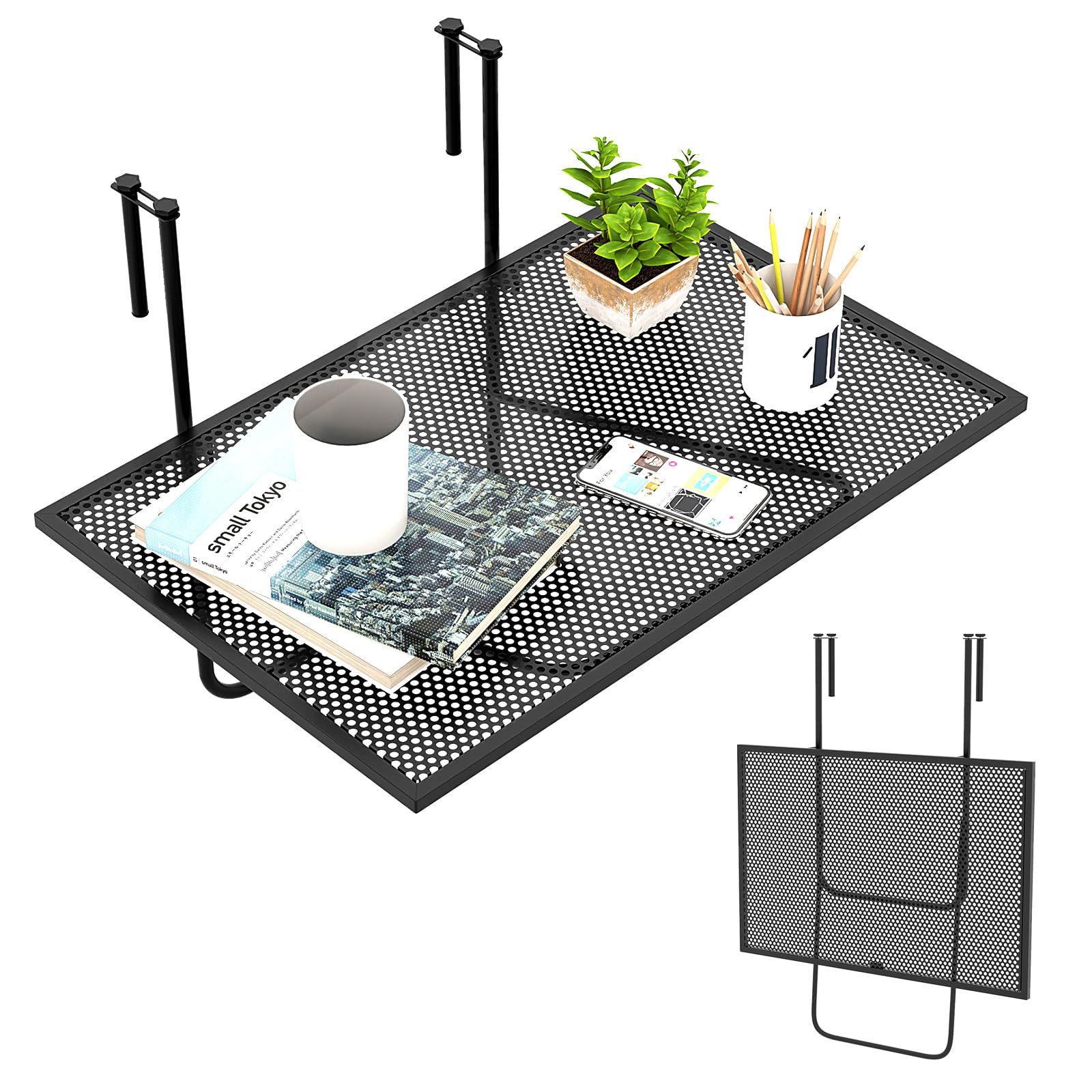 KOMFOTTEU Table Balcon Suspendue Pliable, Hauteur Fixe, Charge 23kg