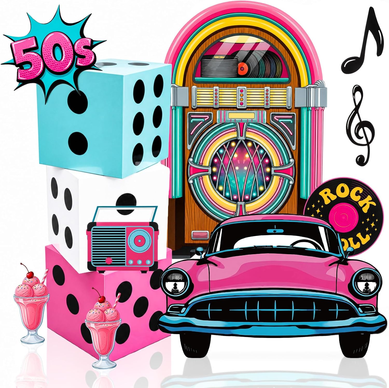 Engrowtic 3 Pcs Large Sock Hop Party Decorations 50s 12 Inch Dice Boxes with Cards Retro Diner Rock Roll Party Decorations Vintage 1950s Music Theme Birthday Decor for Sock Hop Rockabilly Parties
