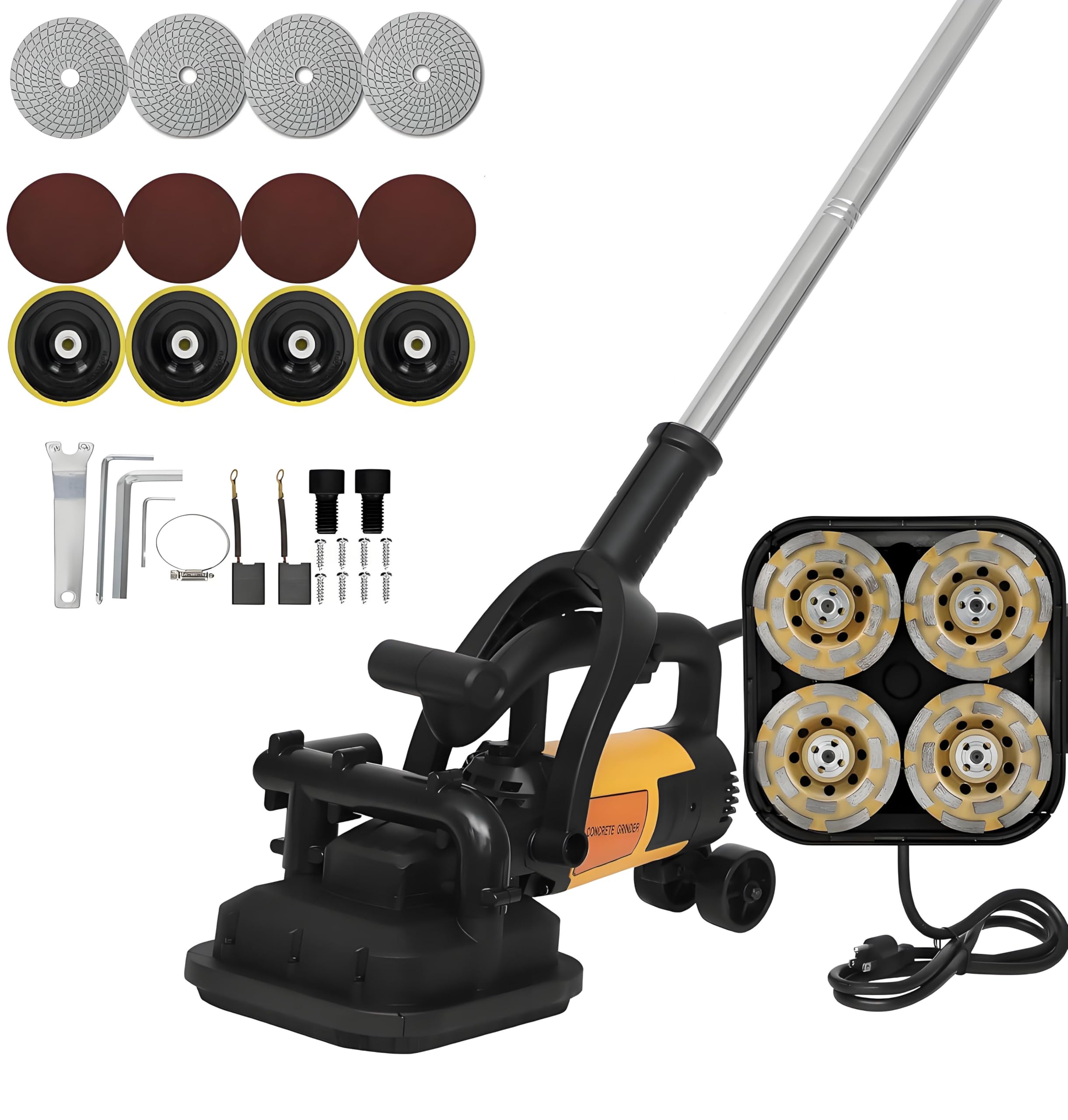AiODiO 4-Head Concrete Grinder Set, 6000 RPM 4” Concrete Sander with 6-Speed Control & Dust Collection Cover for Cement Marble Floors Granite & Surfaces