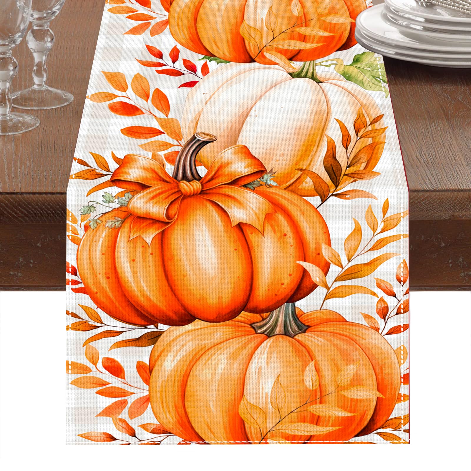 NetnologyPumpkins Leaves Fall Table Runner, White and Gray Buffalo Plaid Thanksgiving Table Runner, Seasonal Farmhouse Indoor Decor Autumn Decorations for Home 13 x 72 Inch