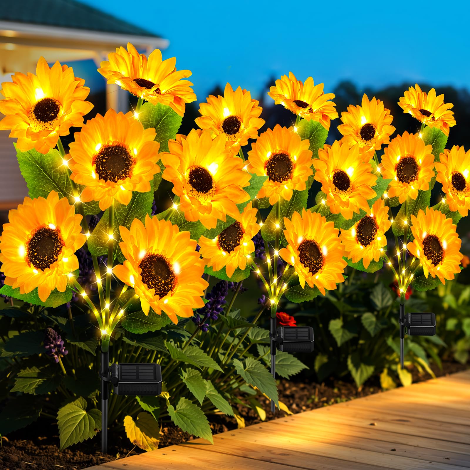 Solar Lights Outdoor Garden Decor, 3 Pack with Upgraded 18 Bright Solar Sunflower Lights, Waterproof Solar Flower Lights Outside Decorations with Auto ON/OFF, Sunflower Gifts for Women Mom Grandma