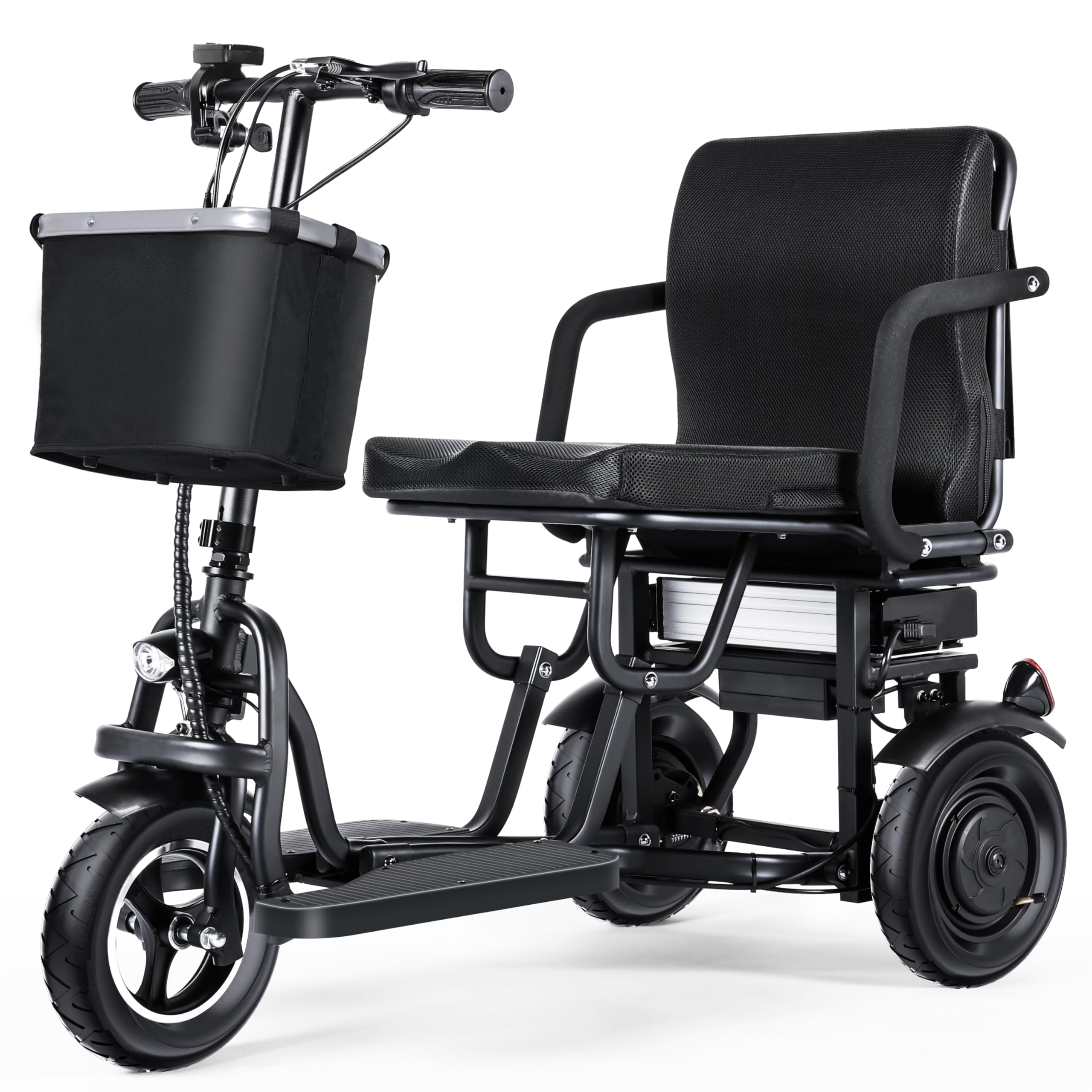 TopMate ES10 Patinete de Movilidad de 3 Ruedas Ligero y Plegable para Adultos y Personas Mayores con Asiento Ergonómico y Batería Extraíble, Motor 350W y 3 Velocidades Ajustables, E-Triciclo con Cesta Recycled Claim Standard Blended