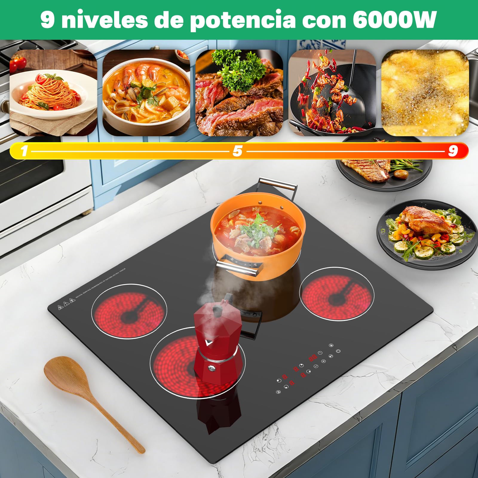 Placa Vitrocerámica 4 Zonas 60 cm, 6000W, Control Táctil, Calentamiento Individual, Placa Eléctrica Empotrable — view 5