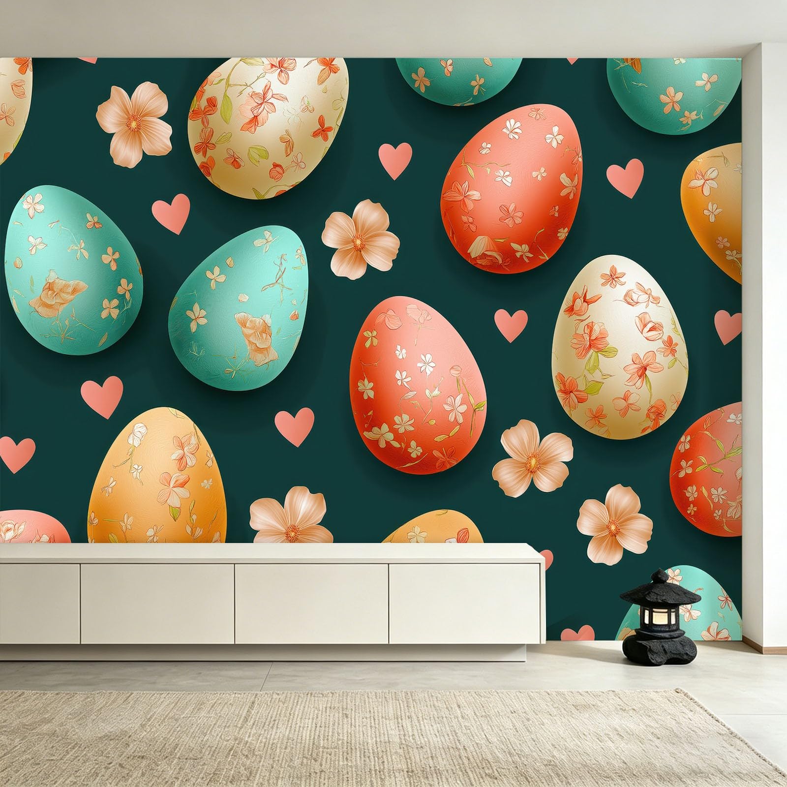 Papel pintado fotográfico simple festivo huevos de Pascua flores efecto 3D XXL 300 x 210 cm – Papel pintado no tejido verde – Mural Fotomurales Decoración de pared para tienda de regalos, restaurante