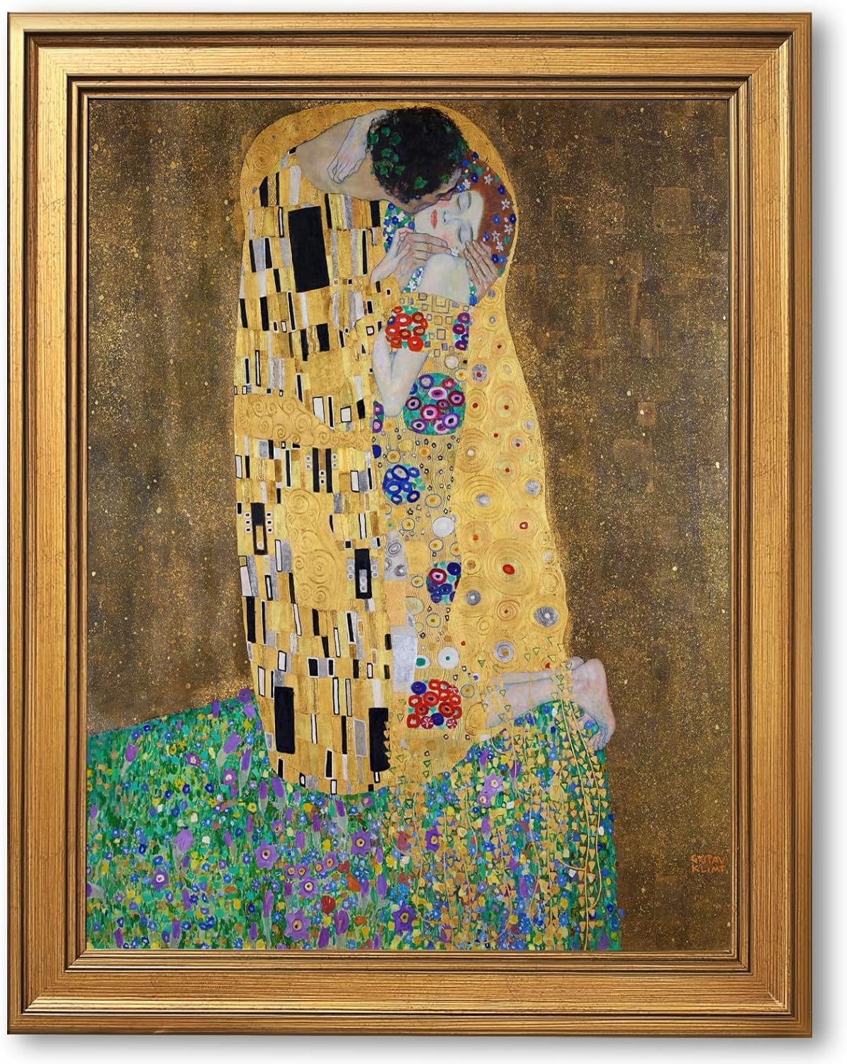 Gold Framed The kiss by Gustav Klimt Poster Romantic Symbolist Wall Art Classic Oil Painting Reproduction Canvas Prints 19th Century Nouveau Movement Famous Pictures Artwork Home Decor 12x16inch