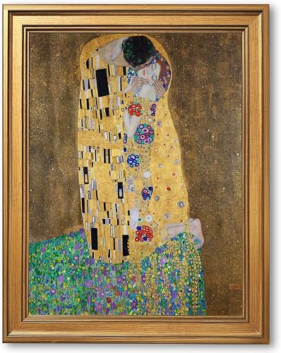 Gold Framed The kiss by Gustav Klimt Poster Romantic Symbolist Wall Art Classic Oil Painting Reproduction Canvas Prints 19th Century Nouveau Movement Famous Pictures Artwork Home Decor 12x16inch