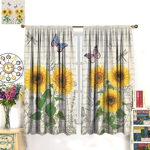 Miniatura 244 de Retro 70s Floral Blackout Window Curtains, Watercolor Flower Plant Rustic Modern Style Pattern Window Drapes, for Bedroom Living Room 42x45in 2