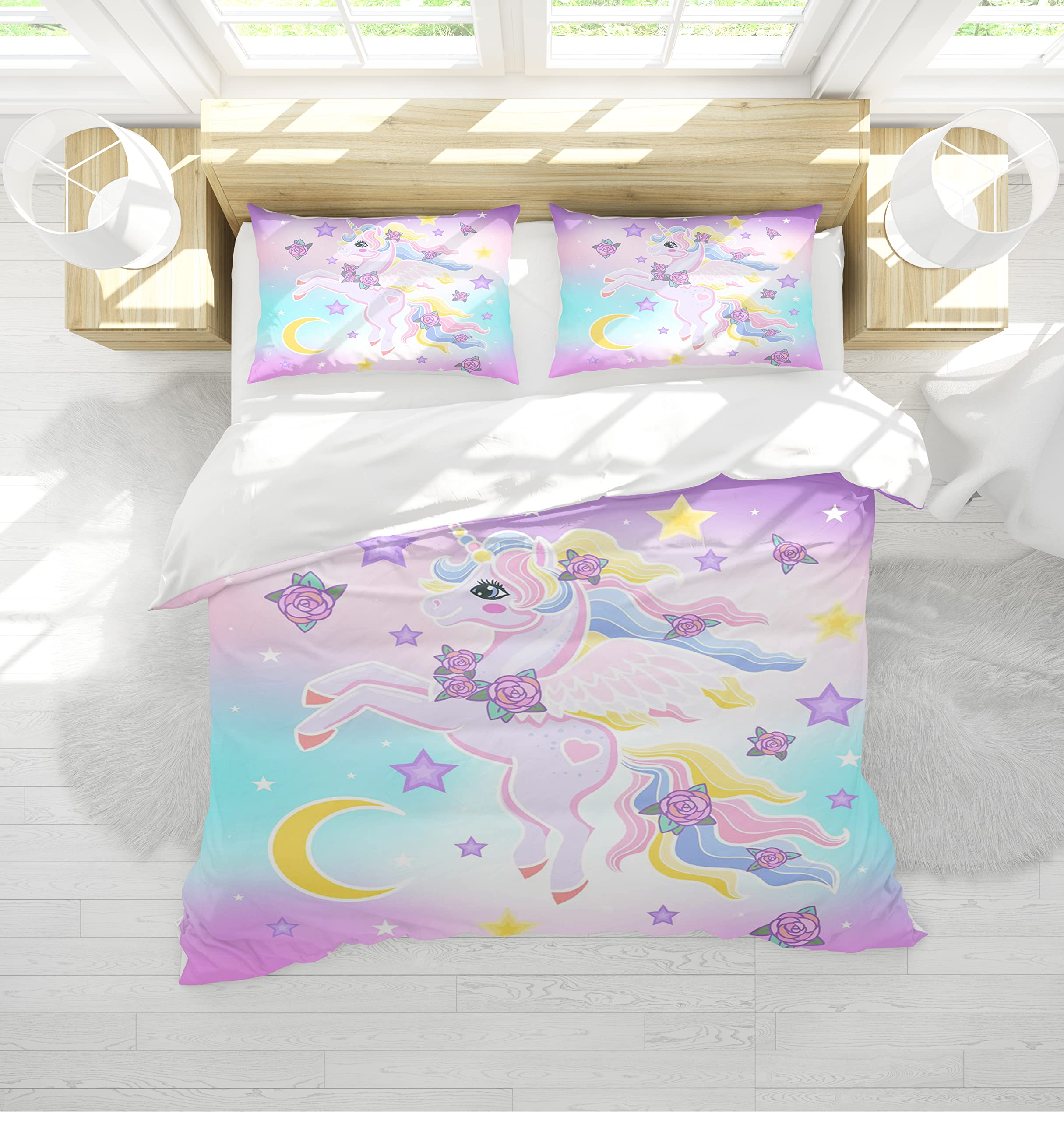 AVJWWD Set di Biancheria da Letto per Bambini, in Microfibra, con Motivo a Unicorno, con Stampa 3D, 3 Pezzi, con Chiusura a Strappo, Morbido per Ragazze (I, 200x200cm)