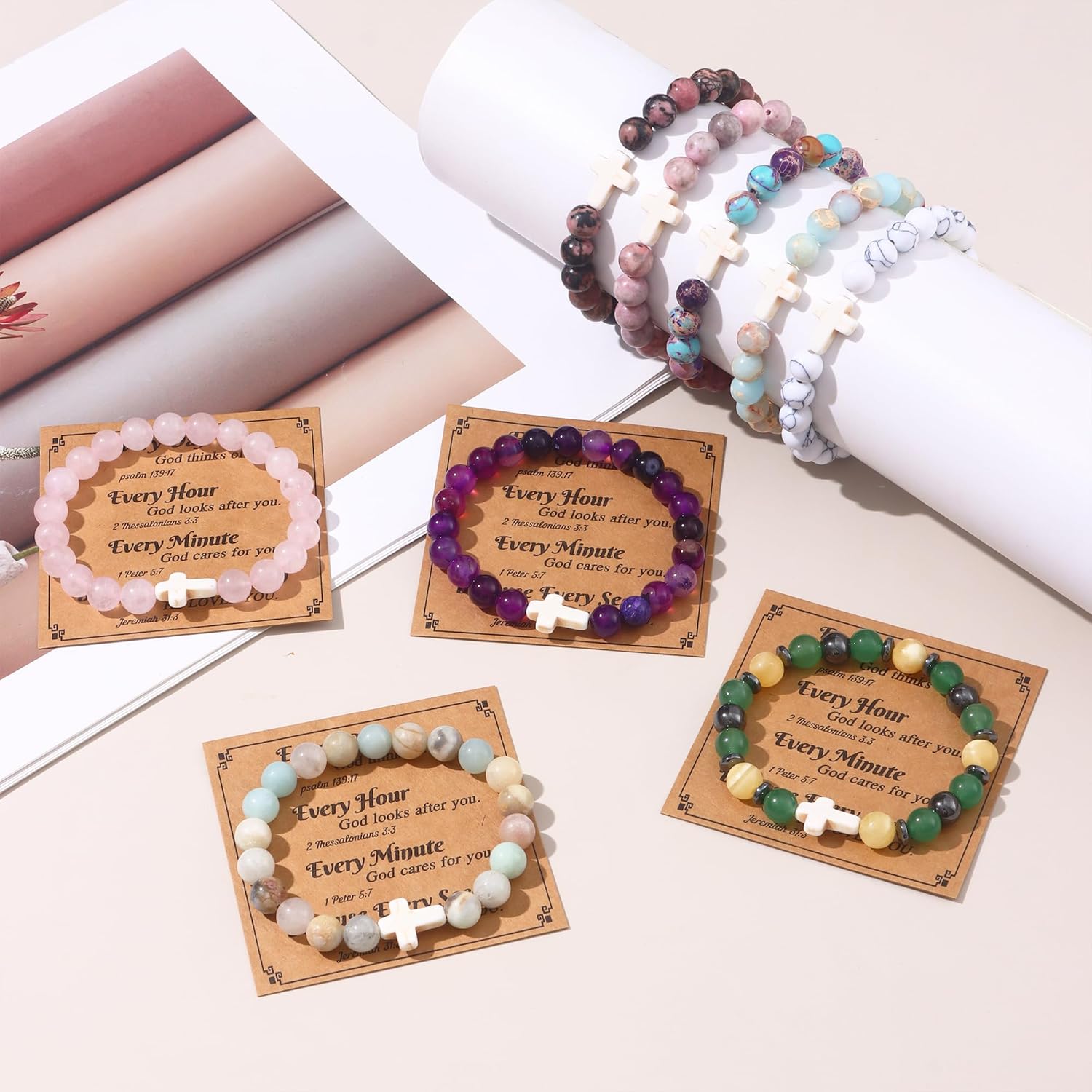 MOZAKA 9PCS Cross Beaded Bracelets for Women, Inspirational Natural Gemstone Heart Bracelets Jewelry Gifts - Image 6