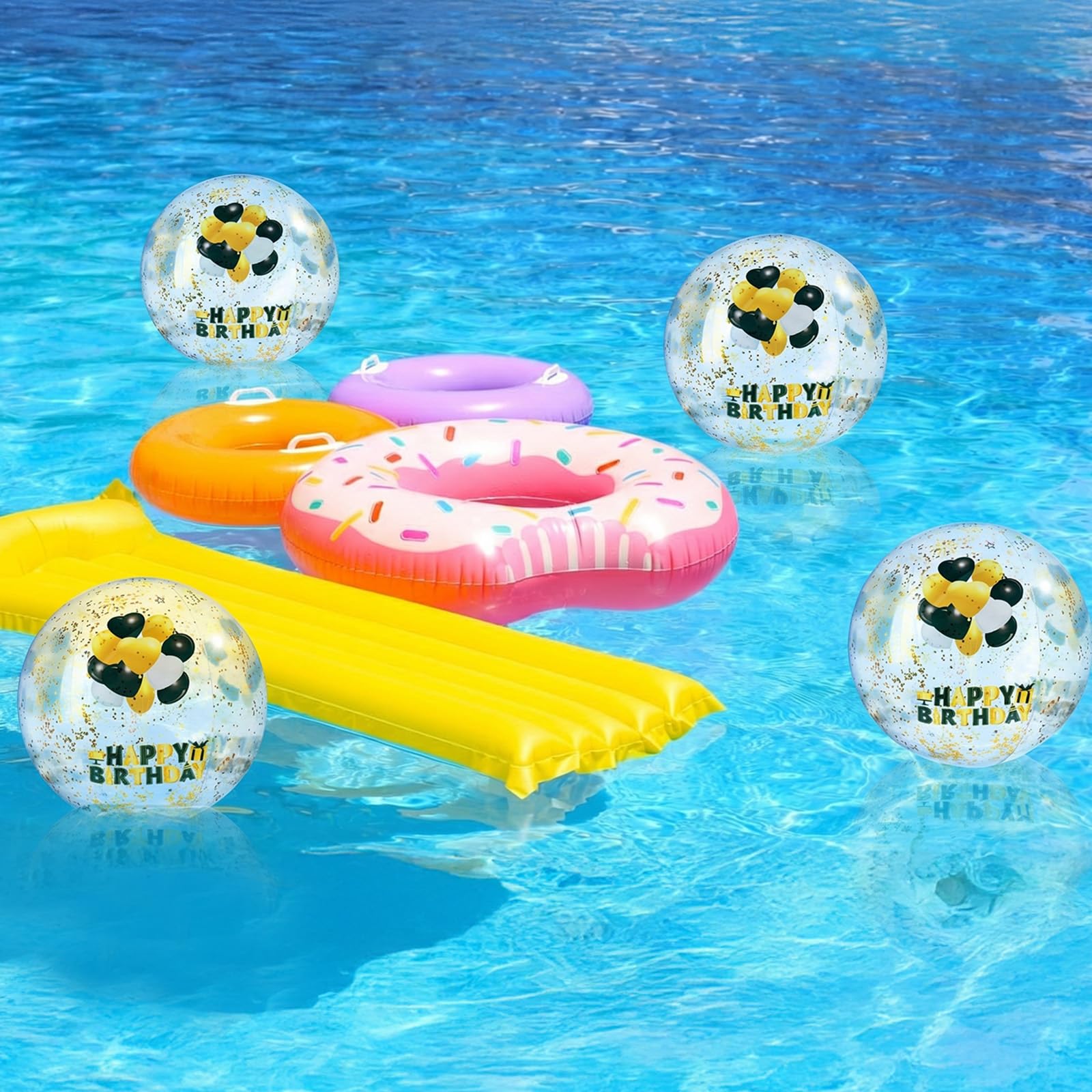Hollowfly Lot de 4 grandes boules de plage gonflables « Happy Birthday » avec paillettes à l'intérieur de 50,8 cm pour décorations d'anniversaire, piscine, jeux d'eau, cadeaux de plage (noir, doré)