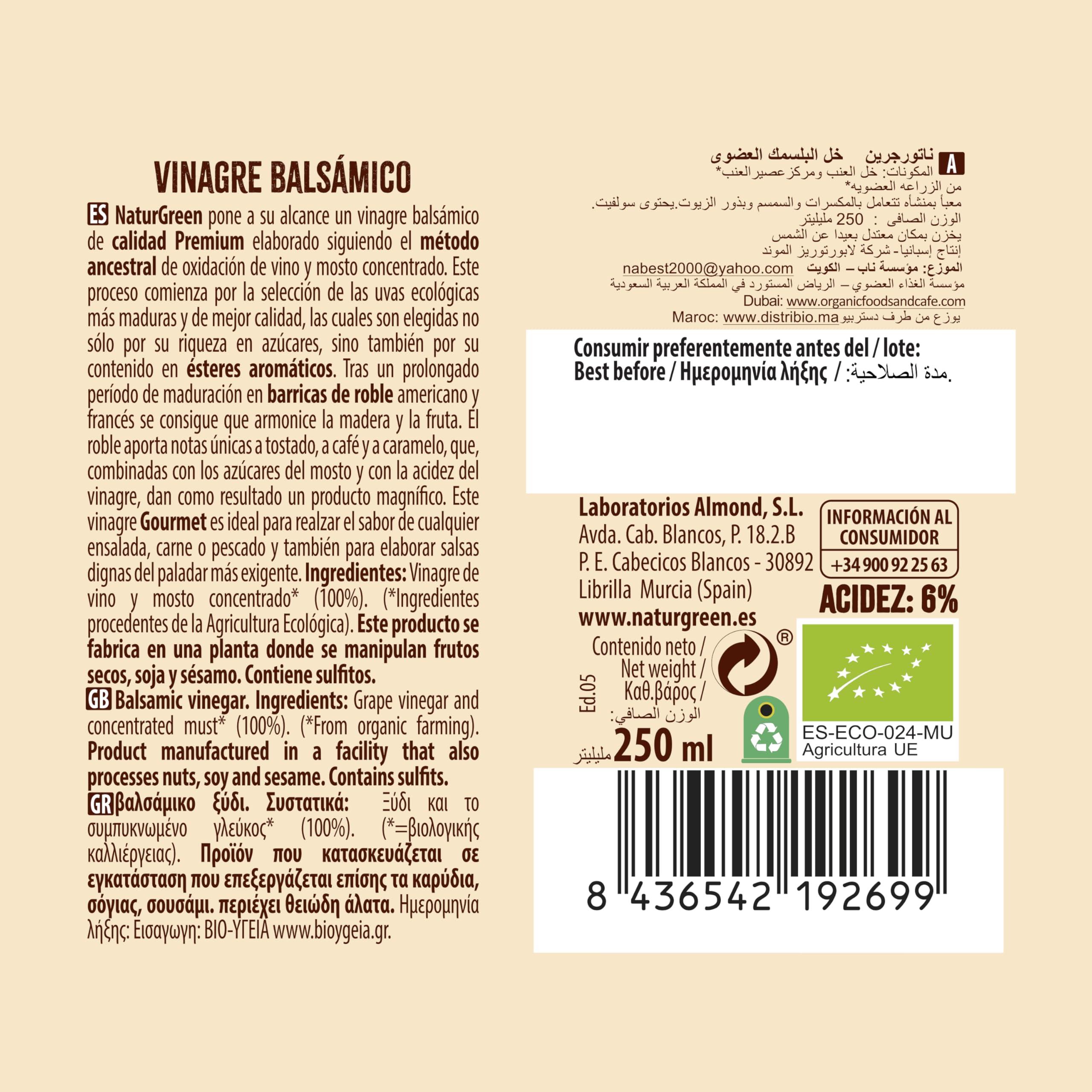 NaturGreen - Vinagre Balsámico Bio, Pack 6 x 250 ml, Ecológico, Sin Gluten, Sin Azúcares Añadidos, Vegano, Sabor Intenso, Ideal para Ensaladas, Marinados o Reducciones