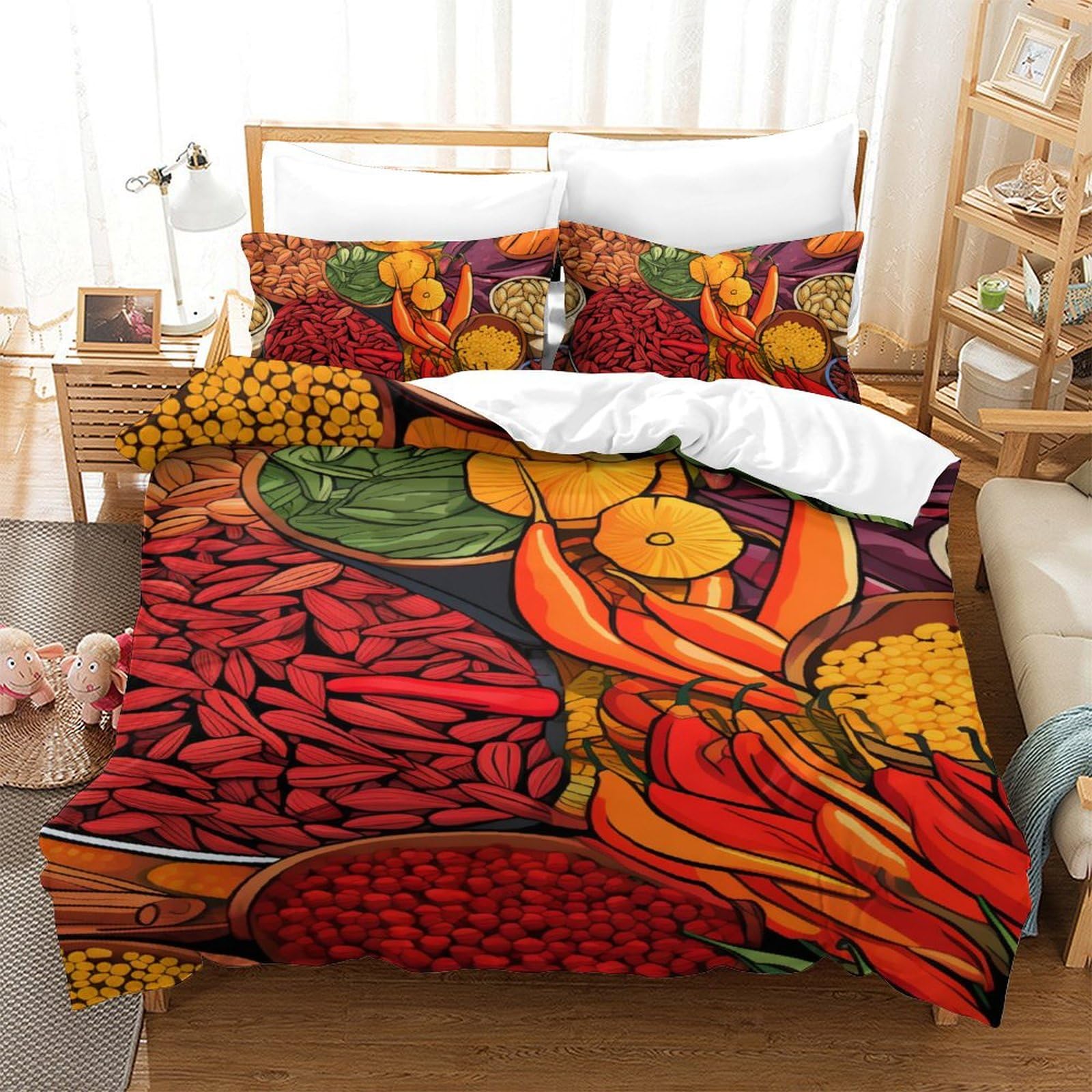 Housse de couette 3D épices et literie microfibre super douce 140x200 cm avec taies d'oreiller single