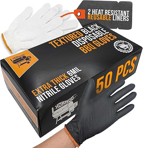 Kit de guantes desechables negros para parrilla, 50 agarres texturizados resistentes y 2 forros reutilizables resistentes al calor para tirar de