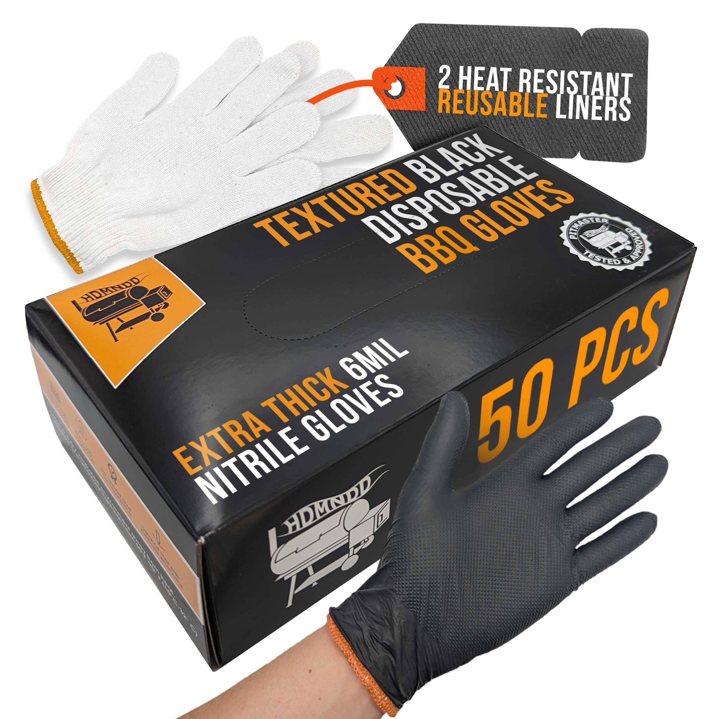 Kit de guantes desechables negros para parrilla de barbacoa, 50 agarres texturizados resistentes y 2 forros reutilizables resistentes al calor para tirar de carne (textura completa de palma y dedo,