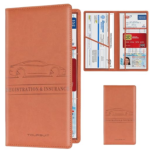 TOURSUIT Car Registration and Insurance Card Holder, Vehicle License Document Glove Box Compartment Organizer, Interior Car Accessories for Women Men Teens (Brown)