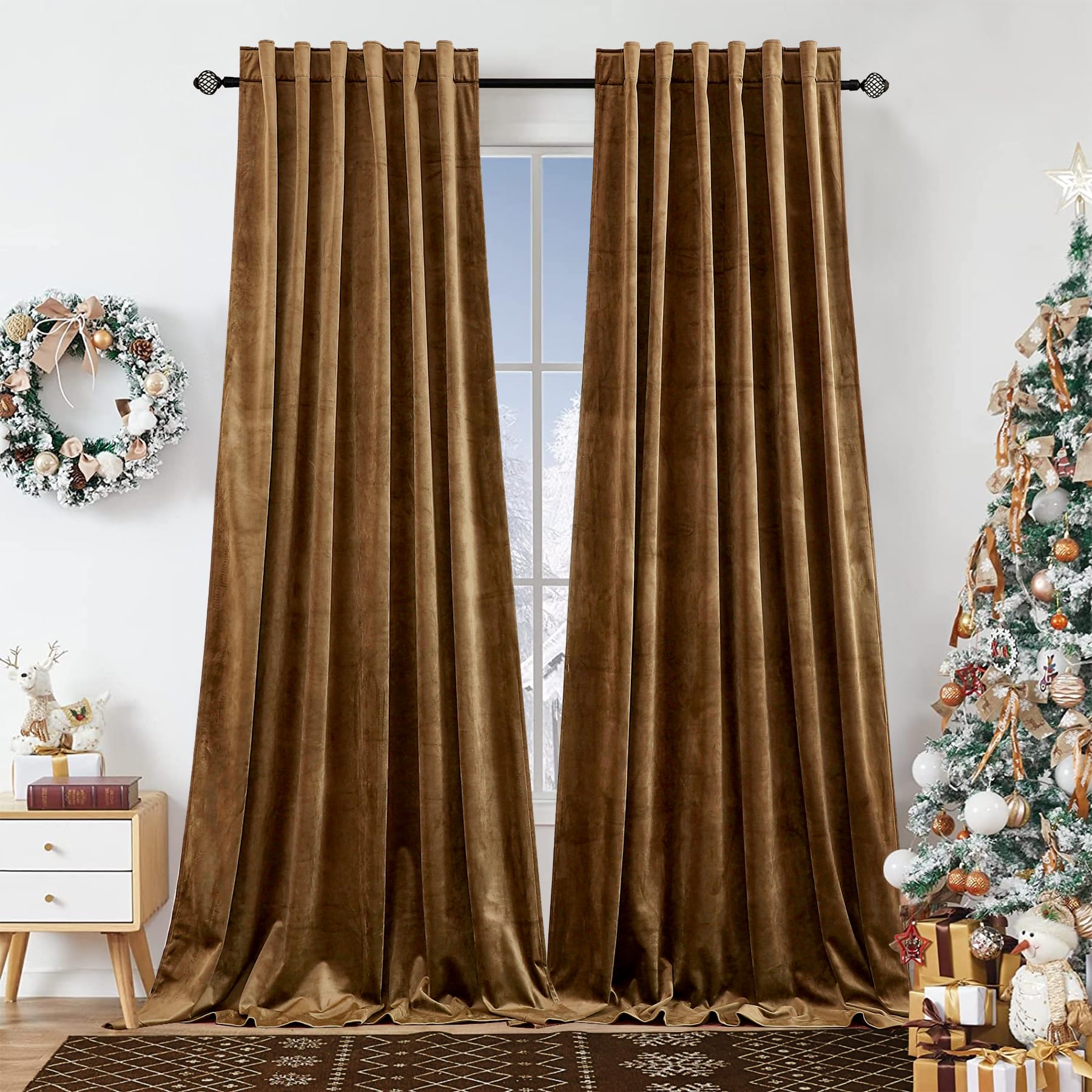 Dchola Gold Brown Velvet Room Darkening Drapes, W52xL96, 2 Panels, Thermal Insulated Curtains
