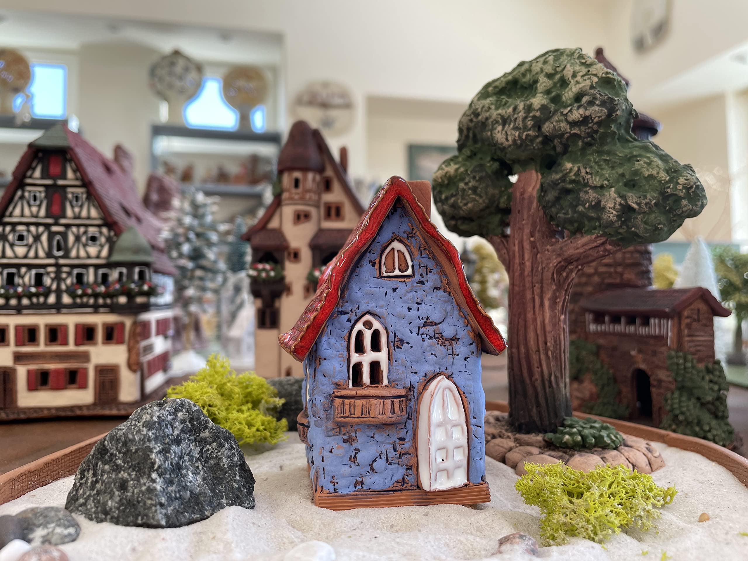 Keramik Lichthäuser, Räucherhaus, Keramikhaus Deko, Häuser Handarbeit, Künstlerisches Miniatur Blaues Haus R503