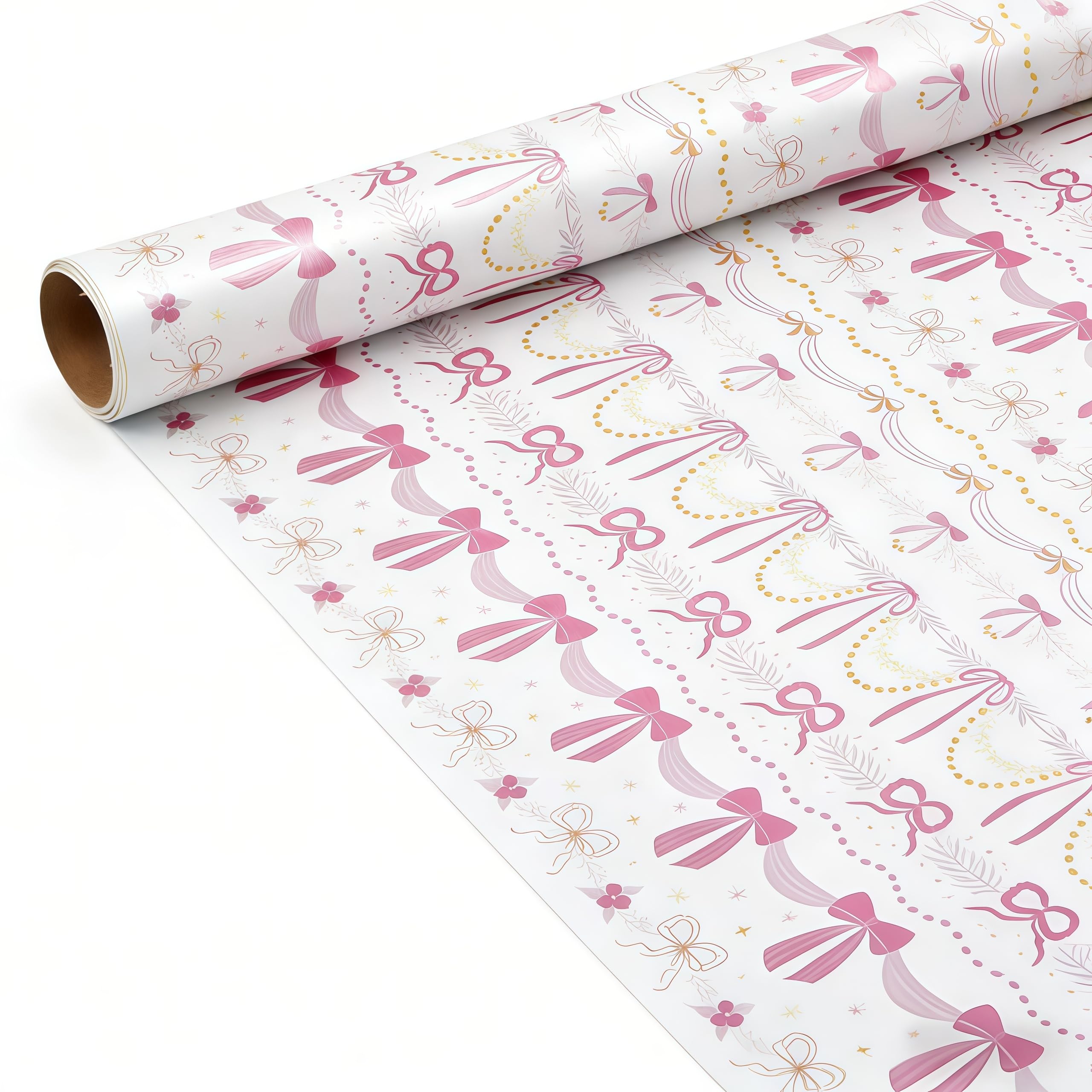 komforbaa Pink Bows Gift Wrapping Paper, White Shiny Gift Wrap for Birthday, Graduation, Mother's Day, Baby Shower, Wedding, Girls, Women, 17In×33Ft (43cm×10m)