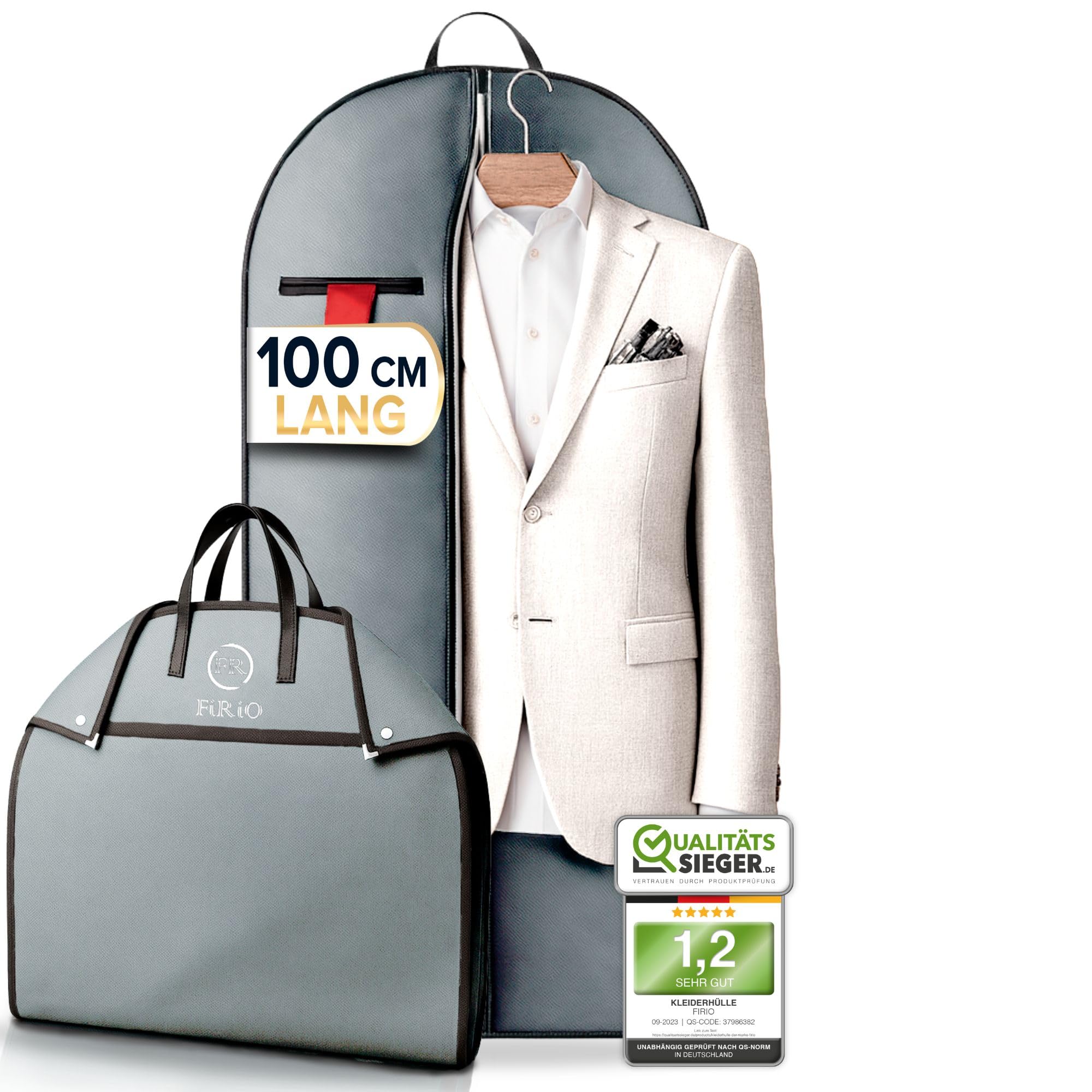 FiRiO® 1 x Premium Anzugtasche - BIS 50% DICKERES MATERIAL - Faltbarer Business Kleidersack für Anzug, Hemd & Co - Atmungsaktive Kleiderhülle für Reise & Aufbewahrung - Kleidersäcke - Größe: 100x60cm