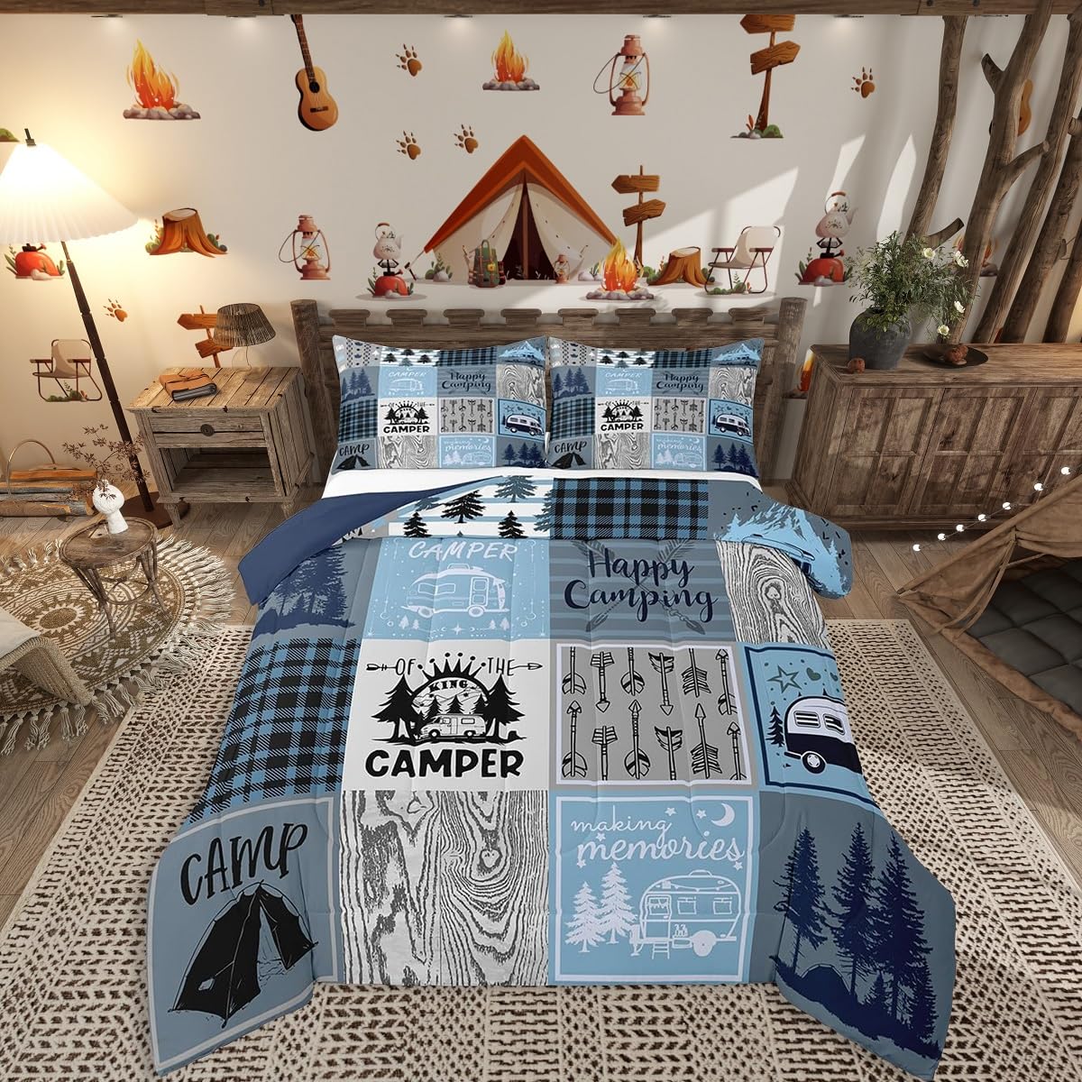 Erosebridal Kids Camper Comforter Set Queen Happy Camping Bedding Set Rv Bunk Accessories Comforter for Travel Trailers,Blue Grey Rustic Buffalo Plaid