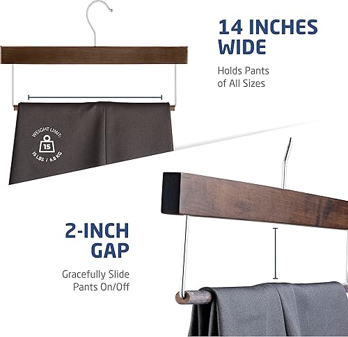 Miniatura 5 de Perchas de madera de alta calidad para pantalones con barra antideslizante (paquete de 20) acabado liso, perchas de madera duraderas, perchas de