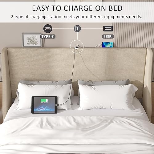 Miniatura 11 de VECELO Base de cama matrimonial con cabecera tapizada con respaldo alado, plataforma resistente con estación de carga y bolsillos laterales, no