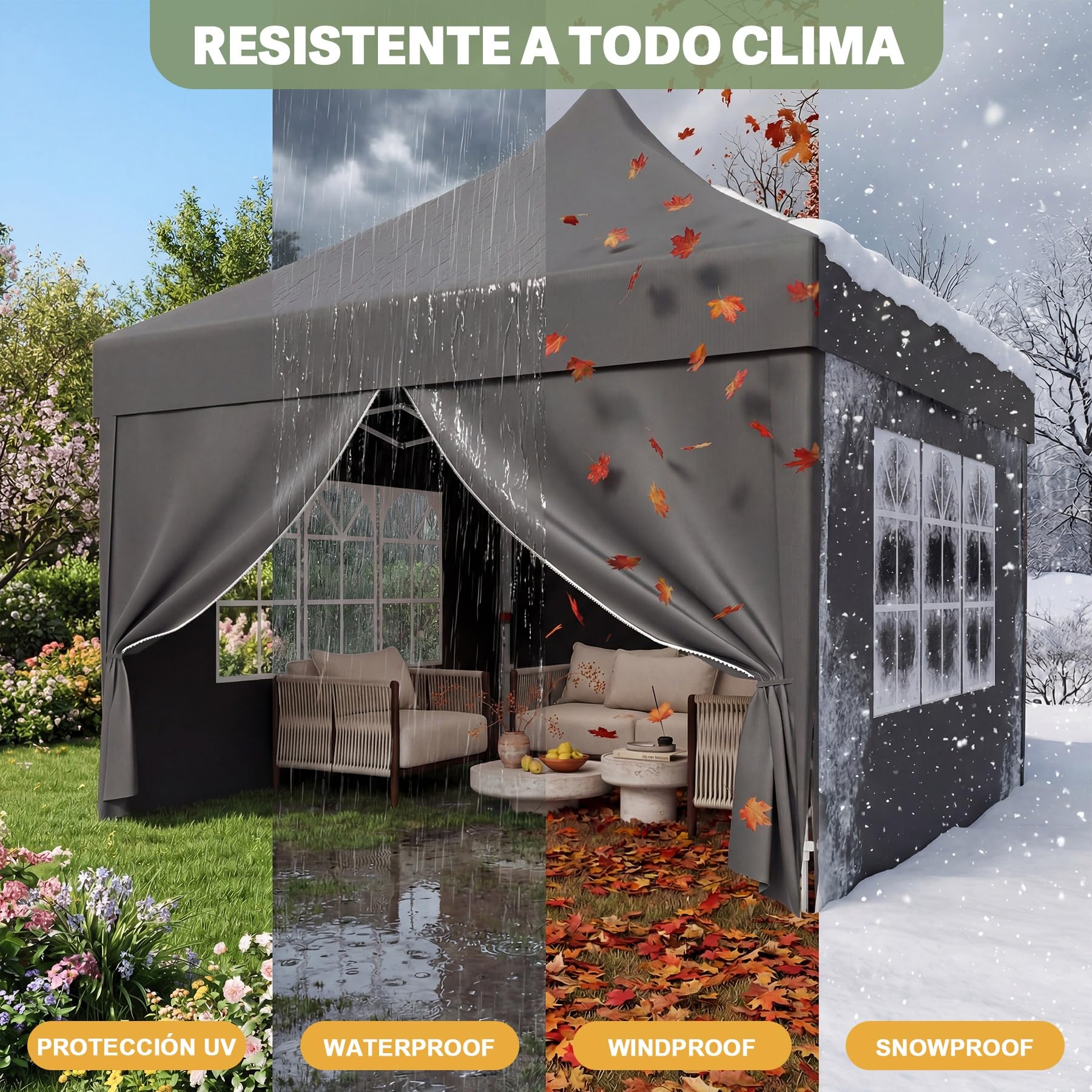 DEVOKO Carpa Plegable 3x3 Playa, Carpa Exteriores Plegables, Tenda Campismo | Techo alto 3.15m, de pie. Forma cónica antiviento. Lona 210D UV50+. Estructura reforzada. Ventilación por chimenea