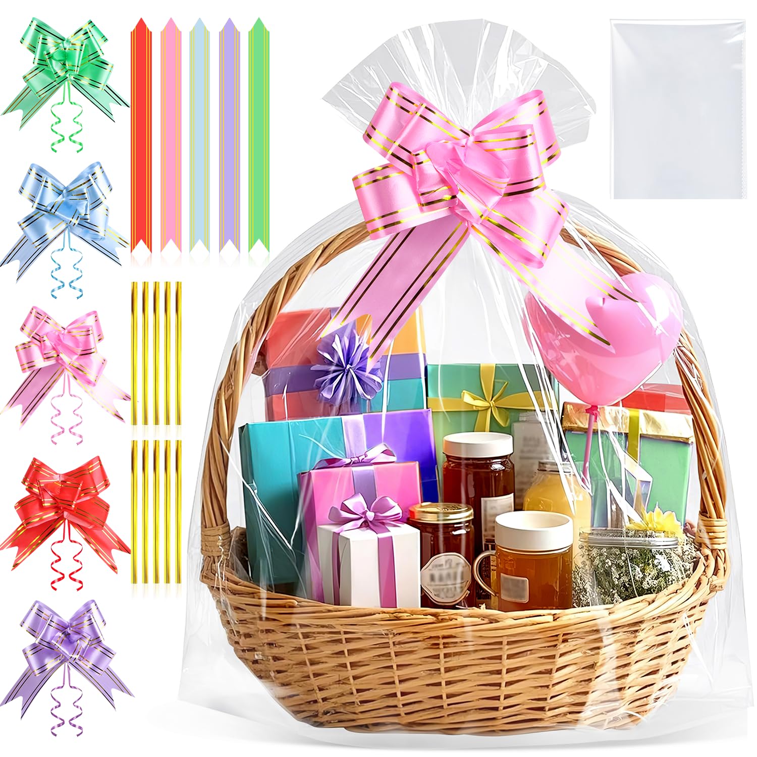 Bolsas de Celofán 90x60cm Grandes Transparente Bolsa Celofan Transparentes Con Cinta de Arcos y Cintas Metálicas para Regalos Embalaje Cestas Flores Manualidades y Ramos de Navidad (60x90cm)