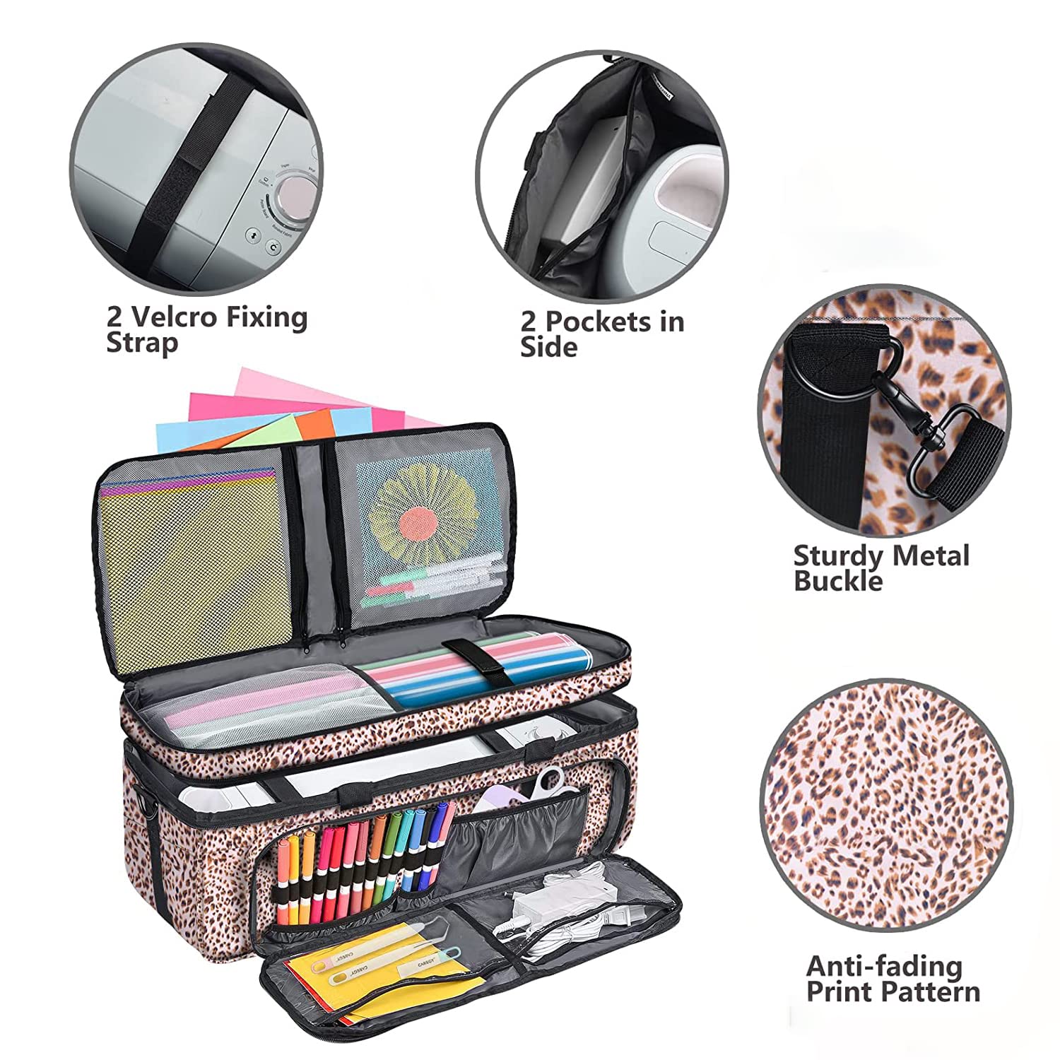 IMAGINING Carrying Case for Cricut Maker, Double-Layer Bag Machine with Cover and Cutting Mat Pocket Compatible Explore Air, Organization Storage Bags, Accessories, Leopard - Image 3