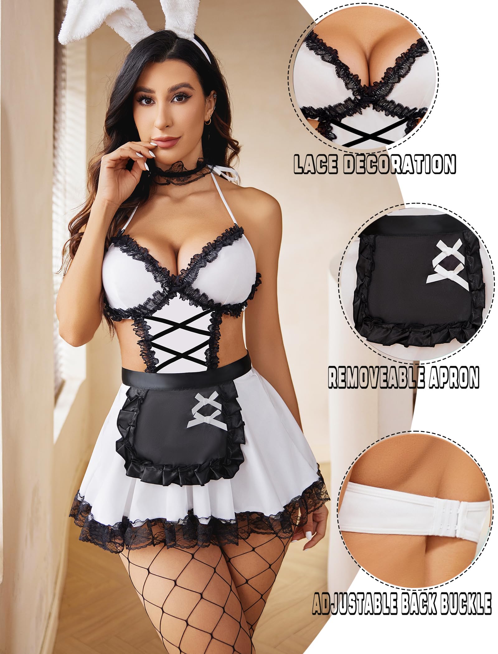 Avidlove Sexy Lingerie for Women Cosplay Costumes Lingerie Set Lace Maid Outfit: White Large