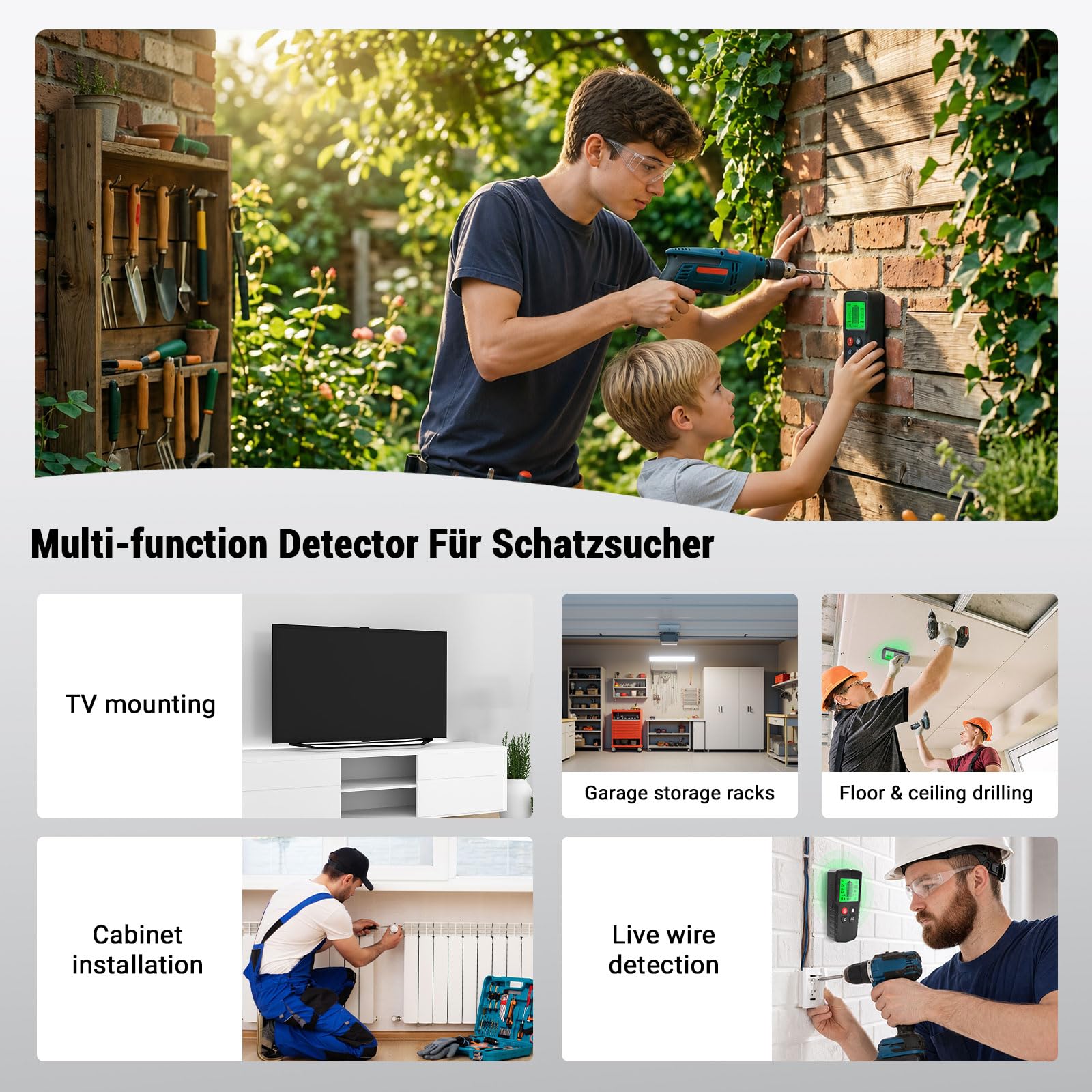 Leitungssuchgerät 5 in 1 Ortungsgerät mit Smart Chip & HD-LCD, Kabelfinder Leitungsfinder für Stromleitungen, Holz, Eisenmetalle und Wechselstromkabel, Wandscanner Detektor mit akustischer Warnung